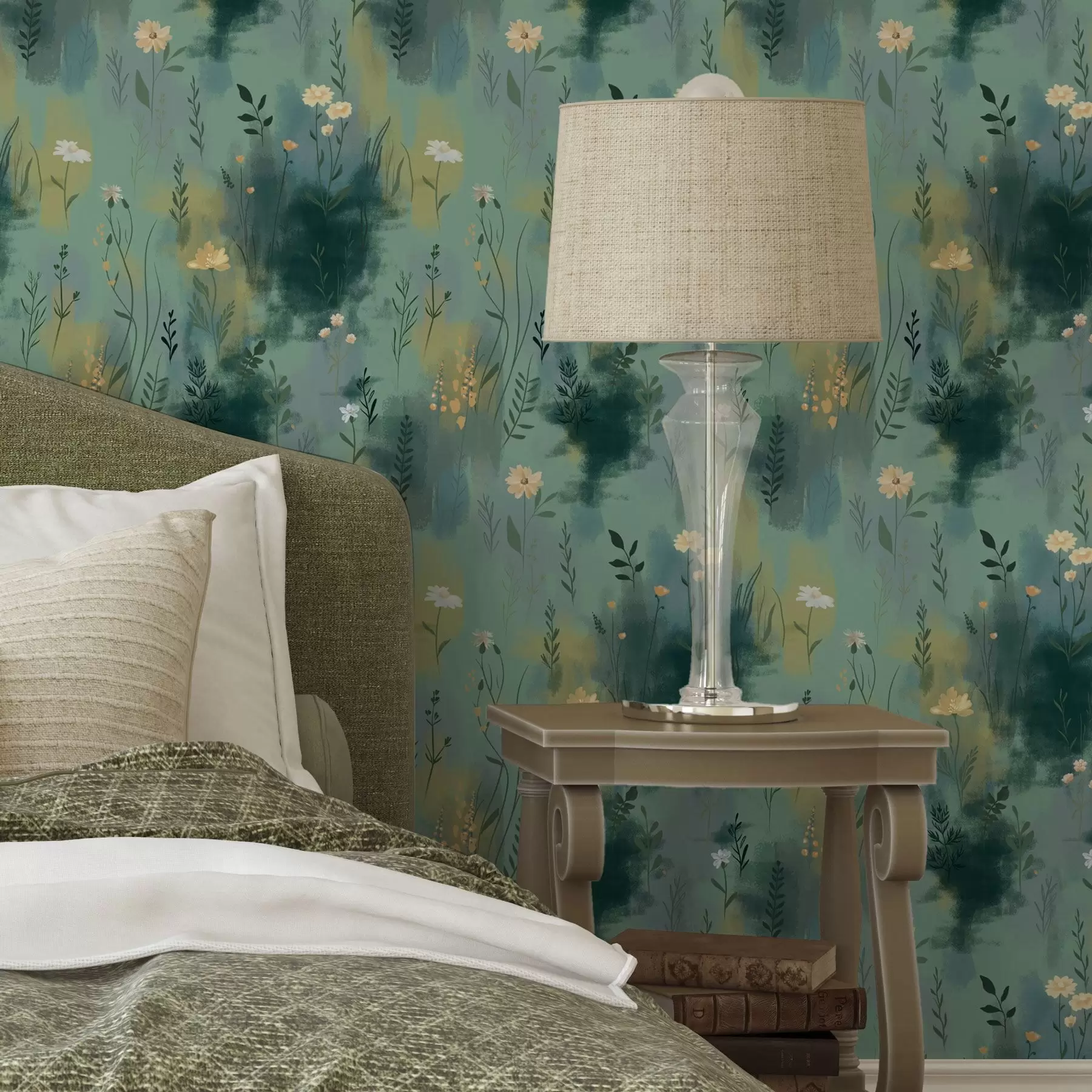 Fotobehang Aquarel abstractie met bloemen op groene achtergrond a00312