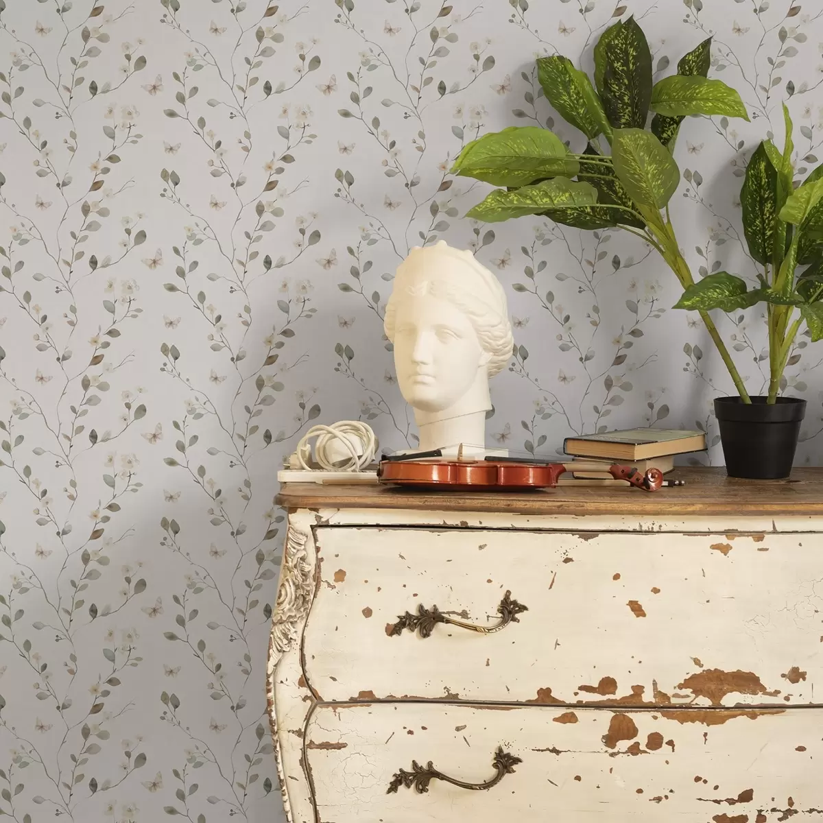 Behang Dunne takken met bloemen en vlinders op witte achtergrond a00342
