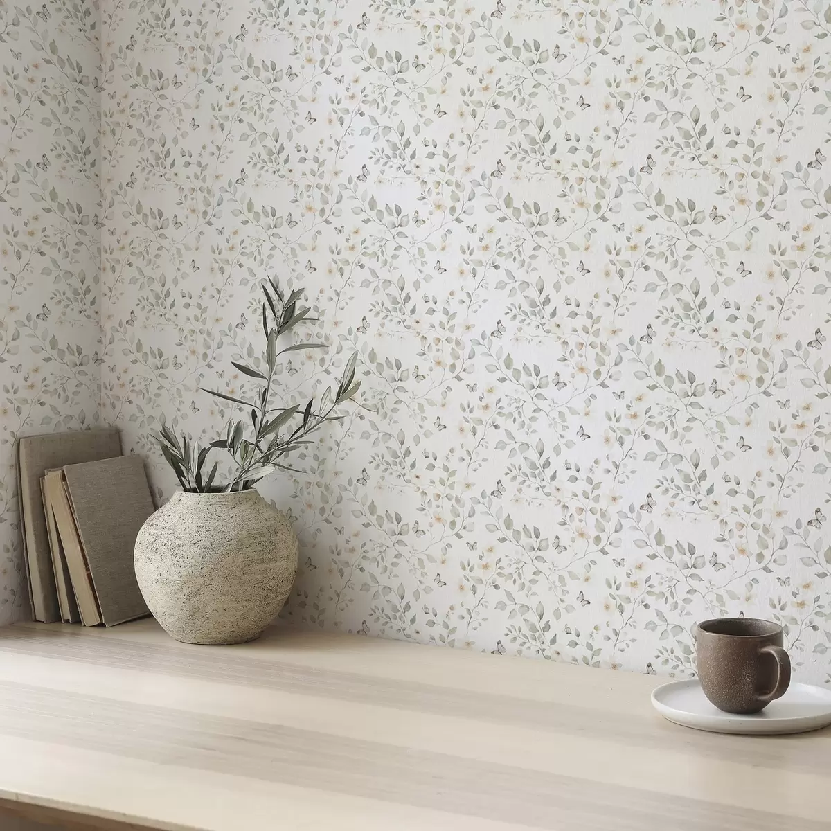 Behang Lichte takken met bladeren en bloemen in kleine herhaling a00343