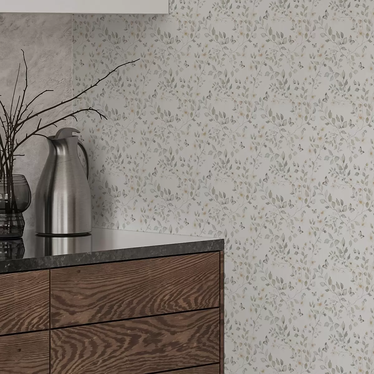 Behang Lichte takken met bladeren en bloemen in kleine herhaling a00343