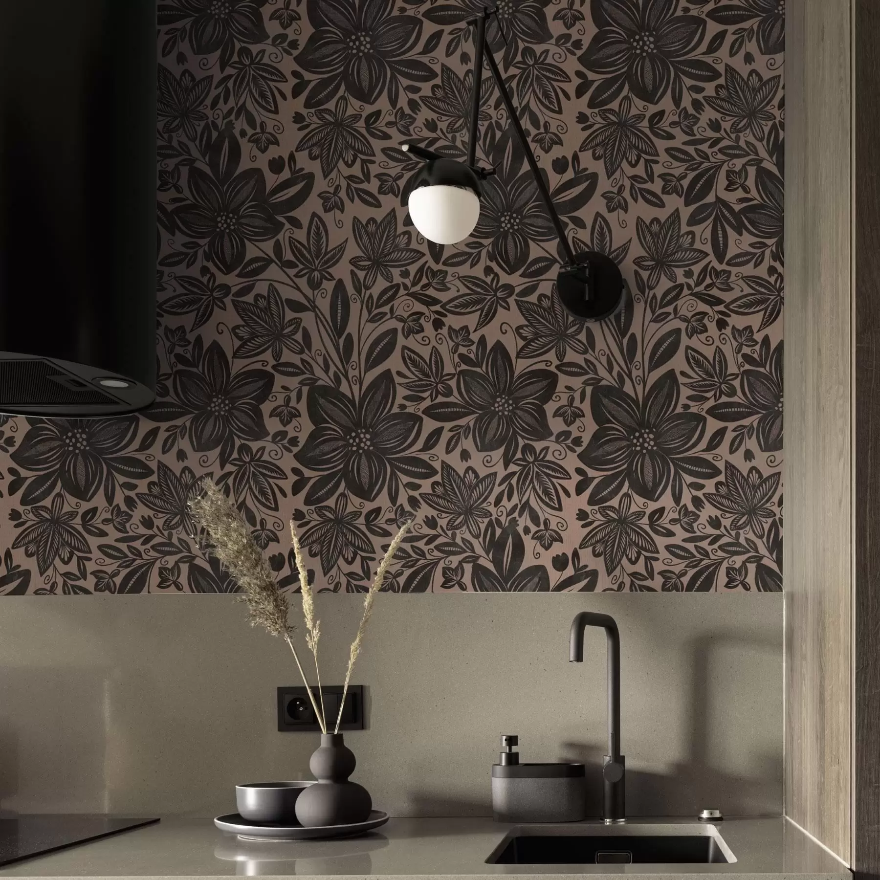 Fotobehang Zwart en roze etnisch bloemenpatroon en roze etnisch bloemenpatroon a00351