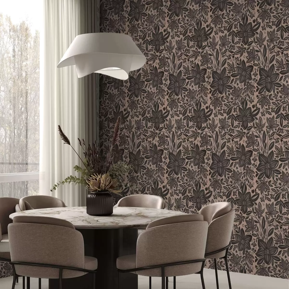 Behang Zwart en roze etnisch bloemenpatroon en roze etnisch bloemenpatroon a00351