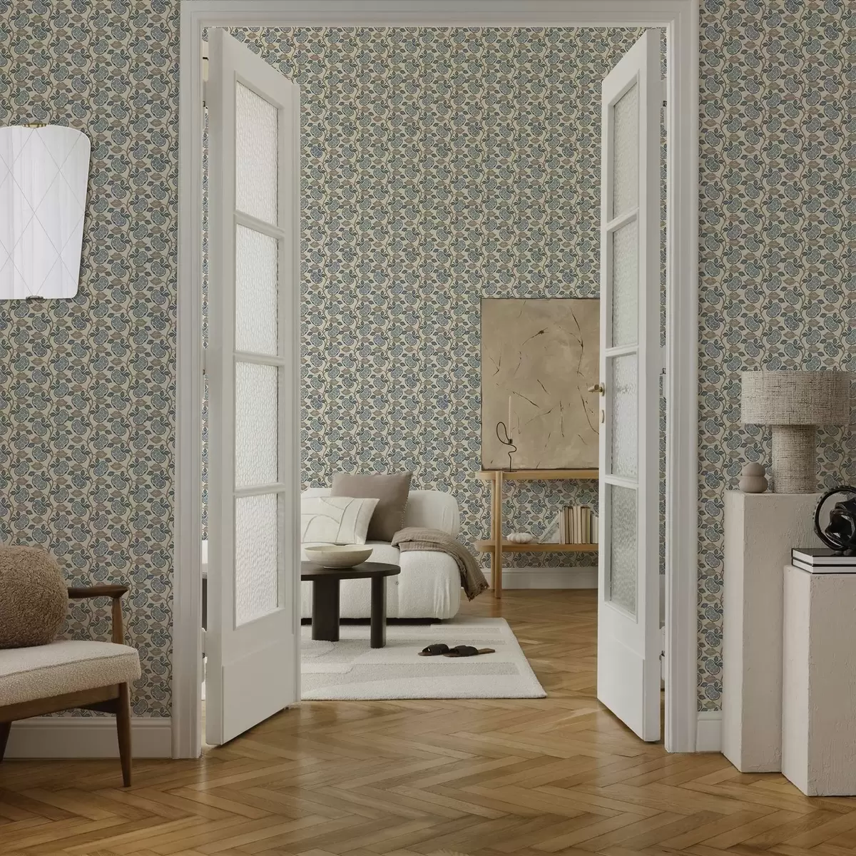 Behang Symmetrisch patroon met blauwe en beige elementen a00360