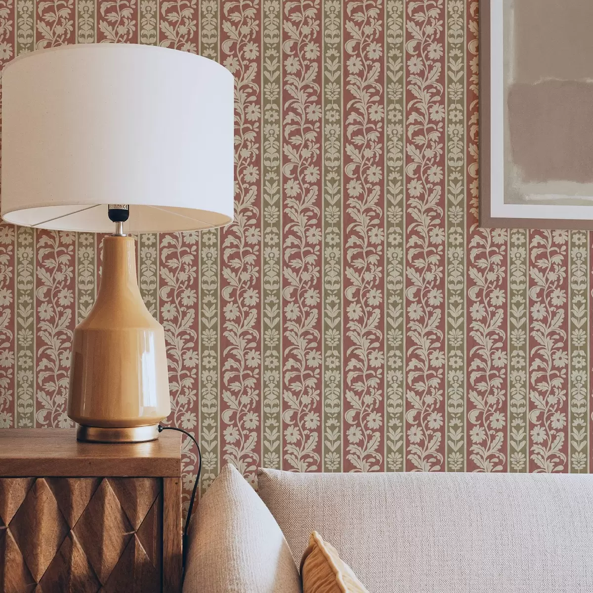 Behang Retro verticale strepen met bloemenpatroon a00362