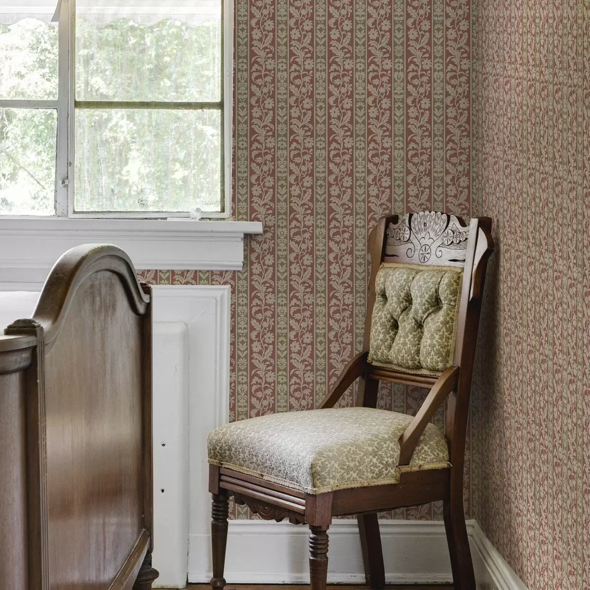 Behang Retro verticale strepen met bloemenpatroon a00362