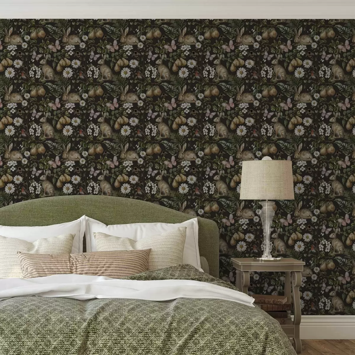 Behang Realistische konijnen, peren, bloemen en insecten op een donkere achtergrond a00401
