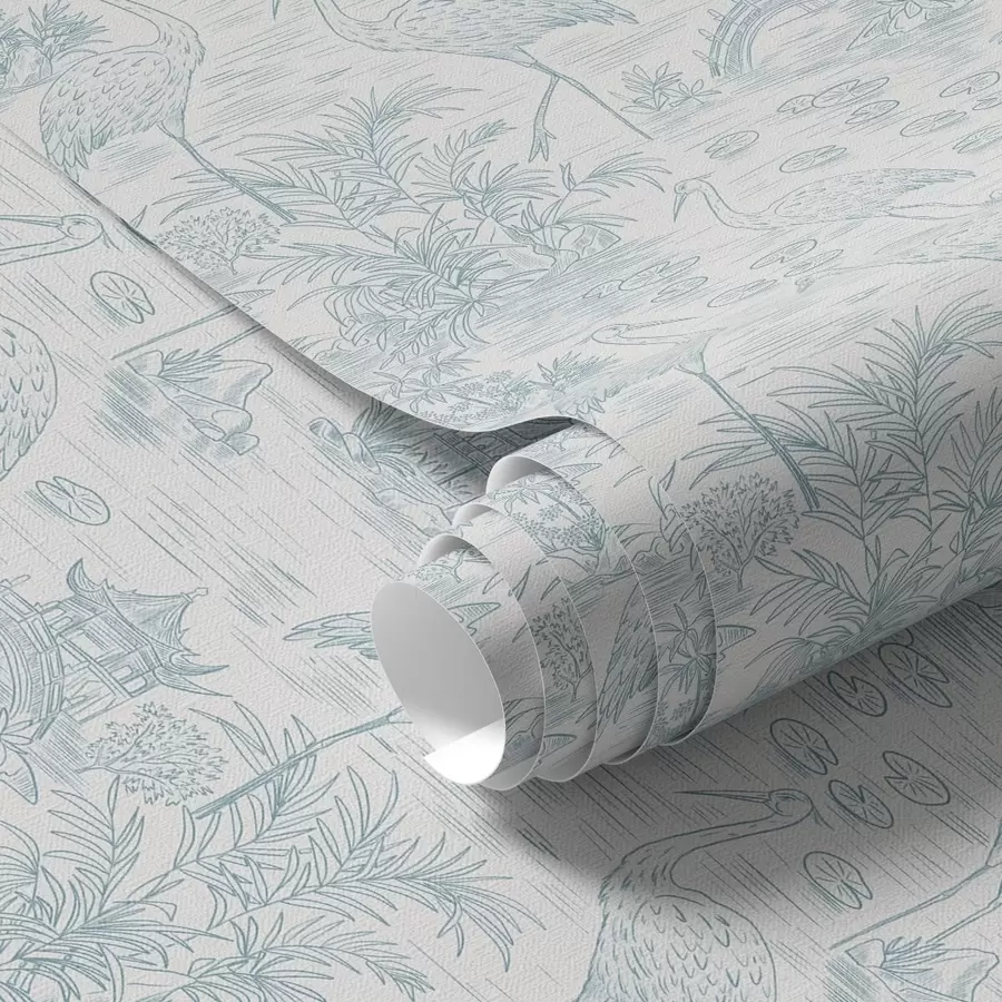 Fotobehang Aziatisch landschap met kraanvogels, bruggen en lotussen a00405