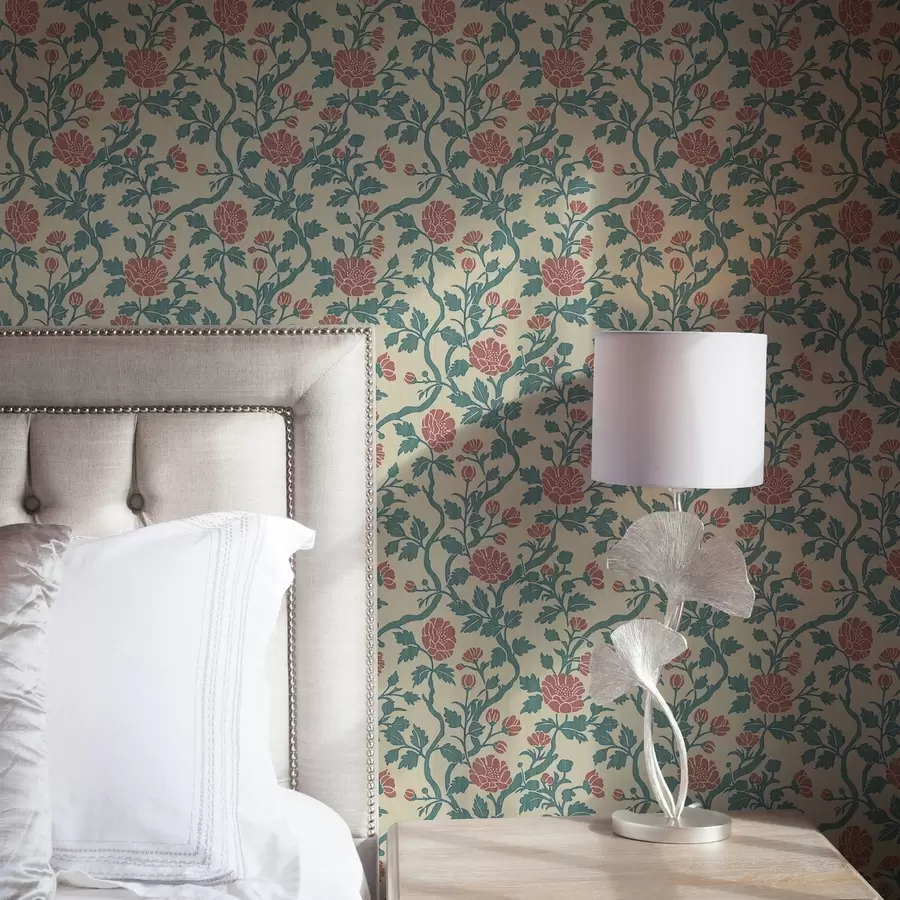 Fotobehang Sierlijke roze bloemen op een beige achtergrond a00414