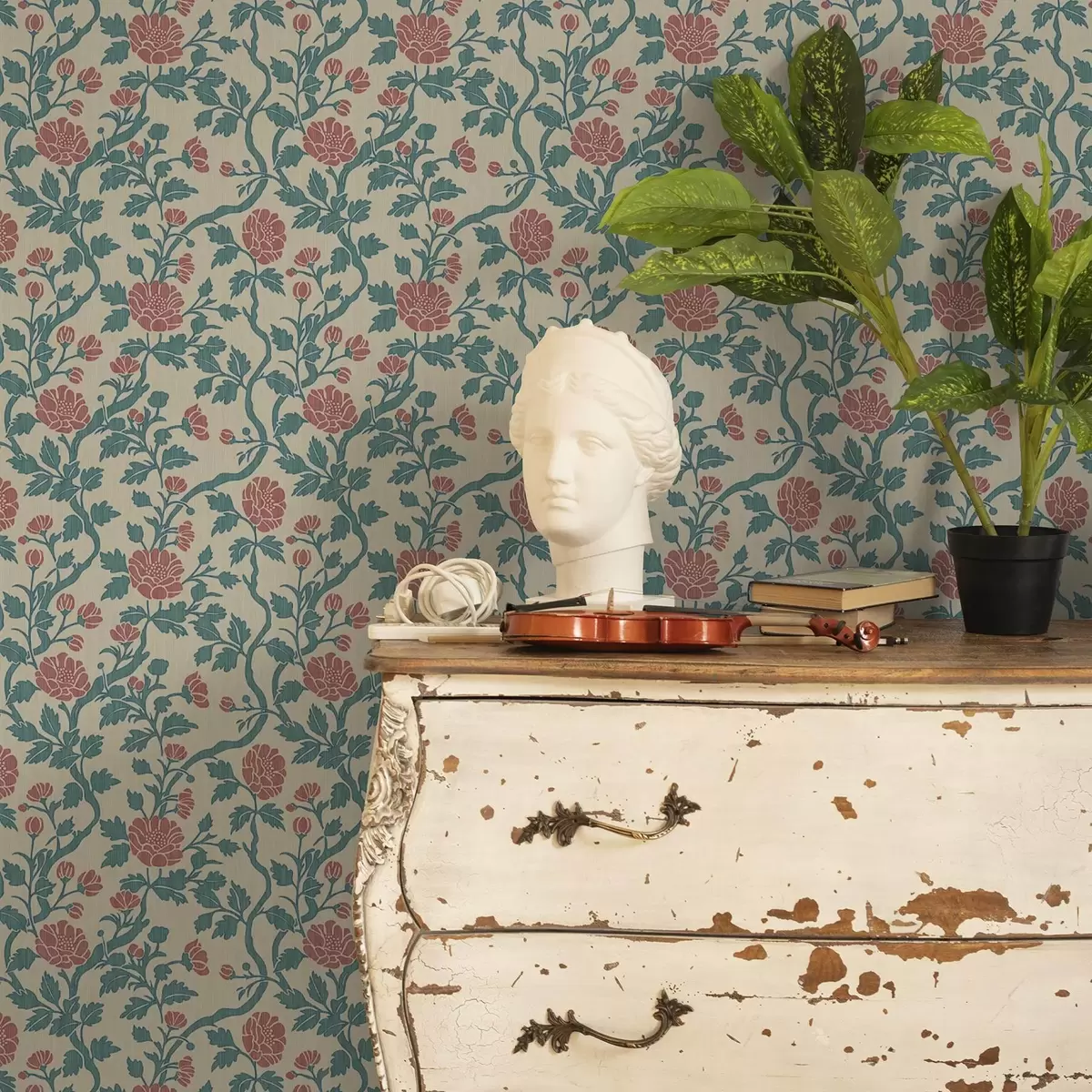 Behang Sierlijke roze bloemen op een beige achtergrond a00414