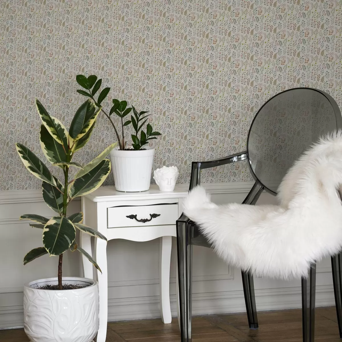 Behang Gekleurde planten op een witte geruite achtergrond a00413