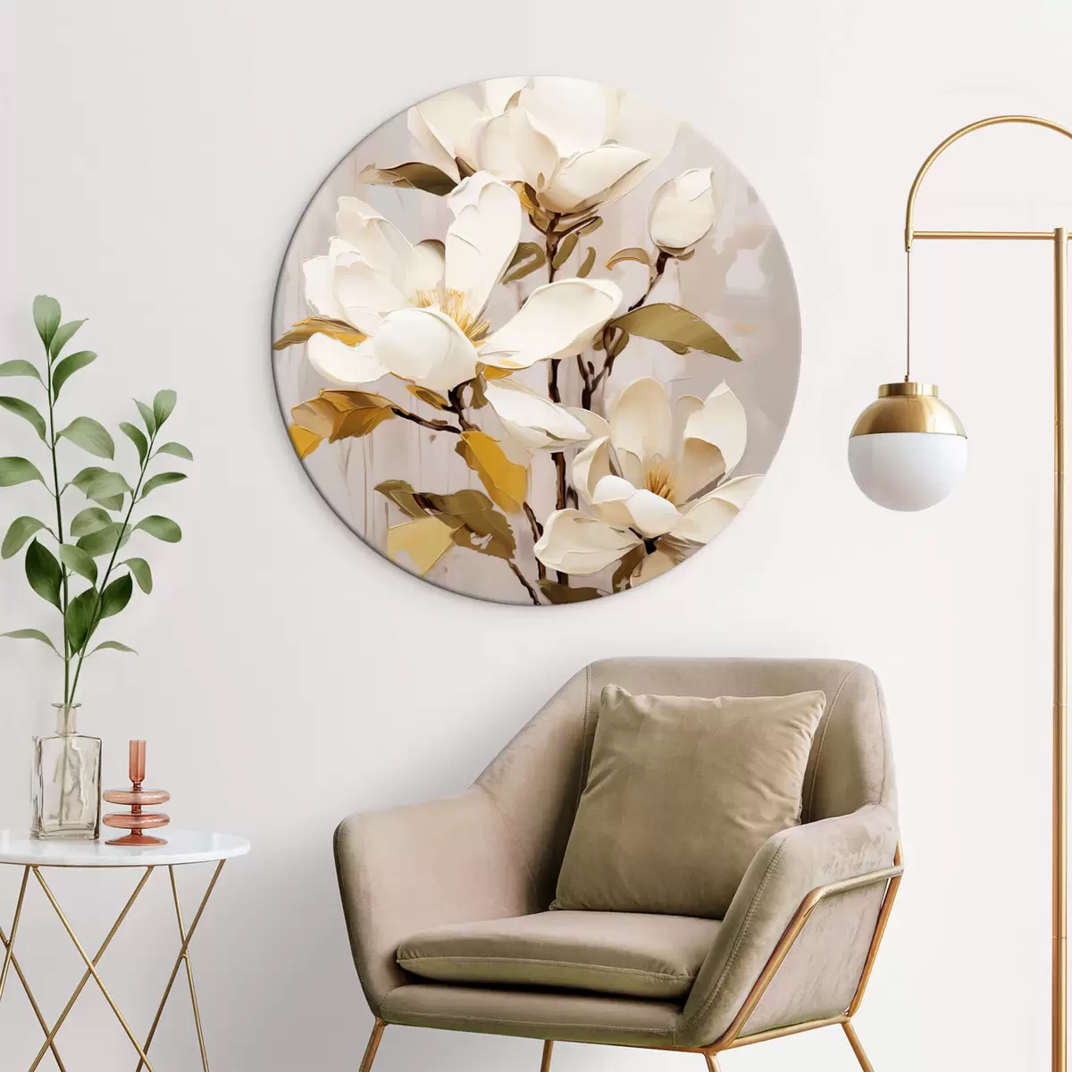Ronde schilderijen Een abstracte tak met Magnolia r44300