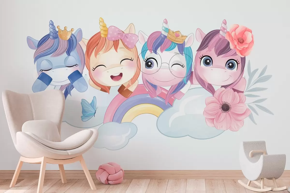 Fotobehang Schattige eenhoorns tussen wolken en regenbogen w04298