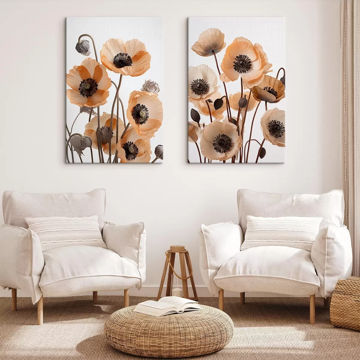  Schilderijen Oranje klaprozen, gedroogde bloemen tegen een lichte achtergrond, zachte verlichting, delicate bloemblaadjes, bloemstuk m00518