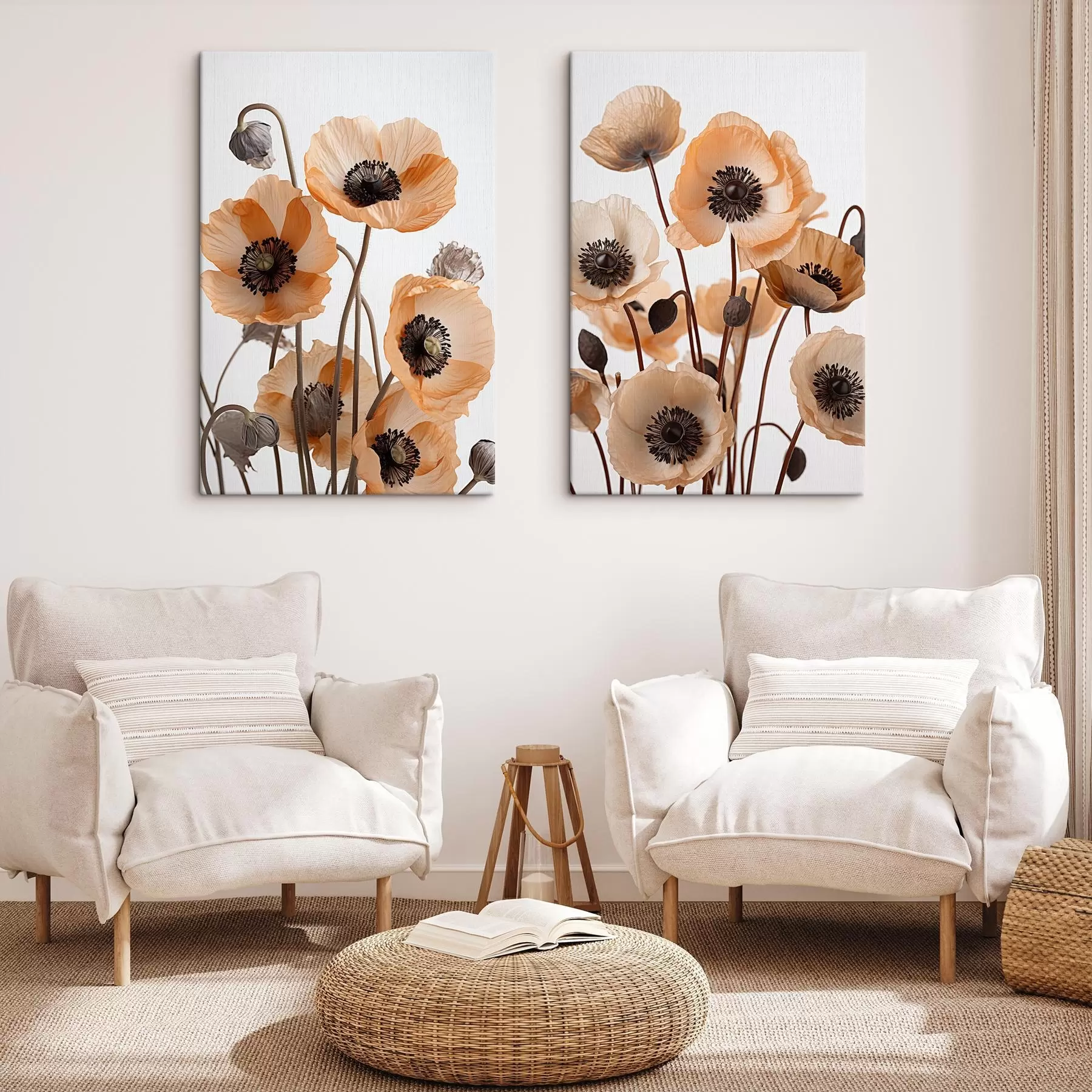  Schilderijen Oranje klaprozen, gedroogde bloemen tegen een lichte achtergrond, zachte verlichting, delicate bloemblaadjes, bloemstuk m00518