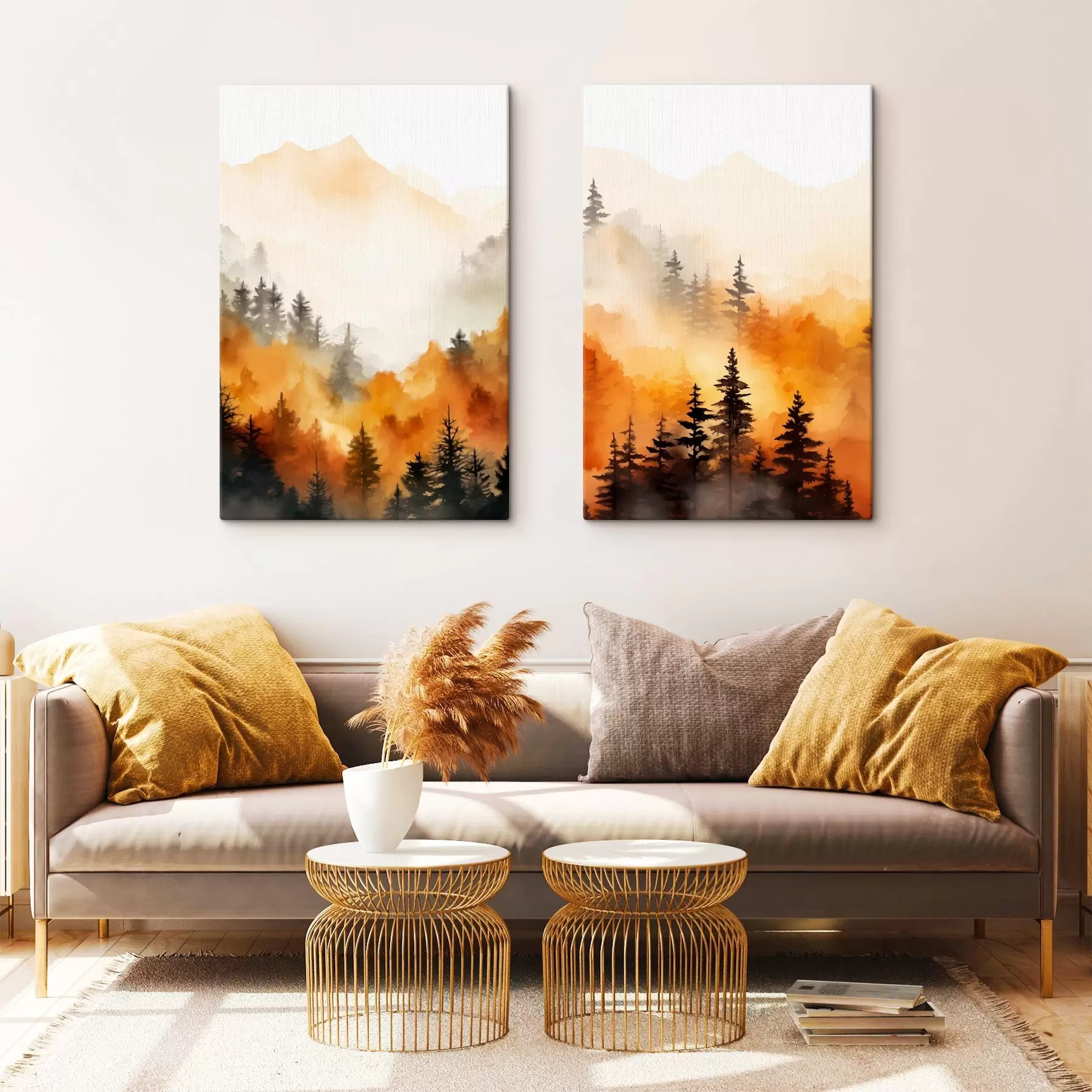  Schilderijen Een landschap aquarel imitatie van een bos met hoge pijnbomen en bergen op de achtergrond m00519