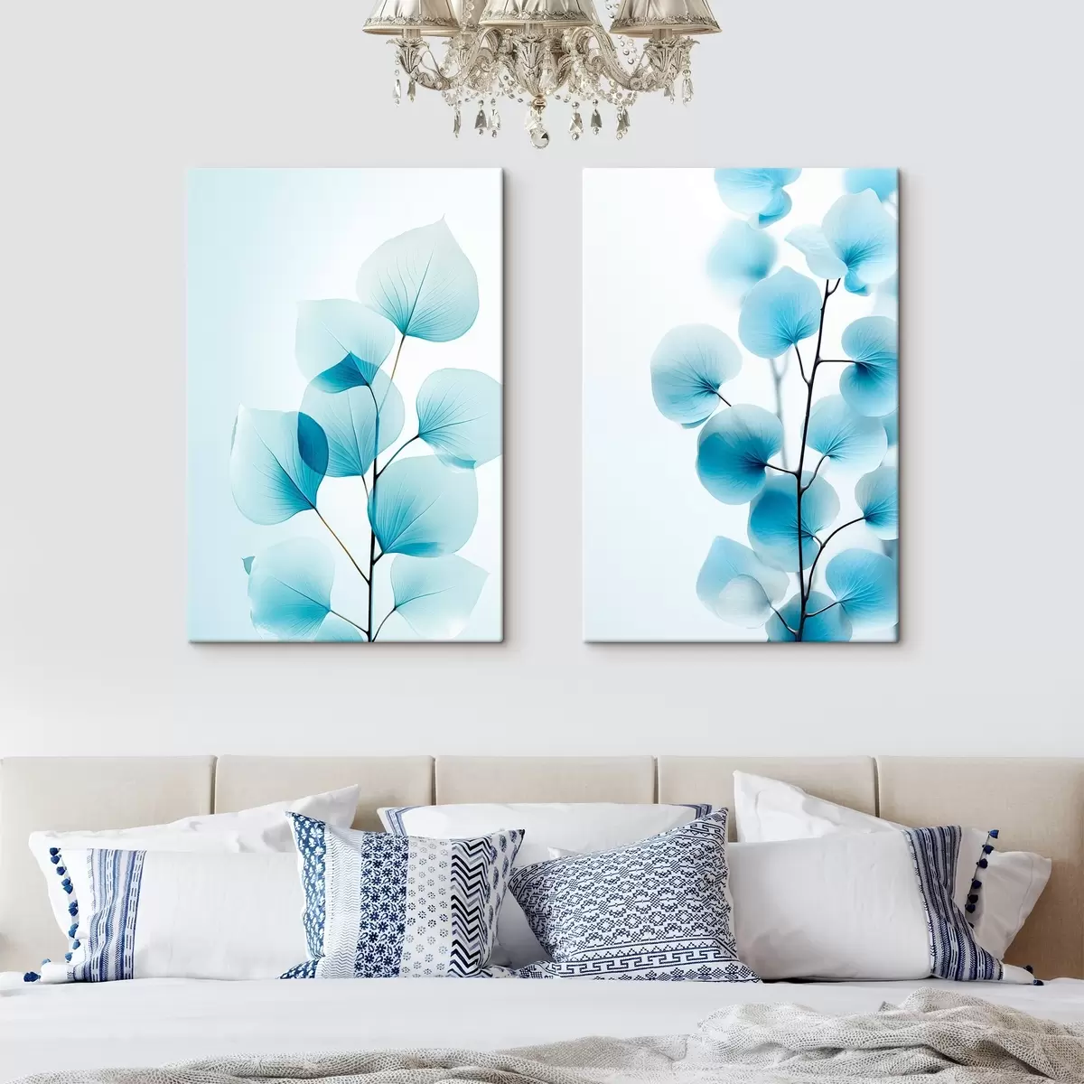  Schilderijen Tak met doorschijnende blauwe bladeren, fijne nerven zichtbaar, lichte en rustige compositie, minimalistische esthetiek m00522
