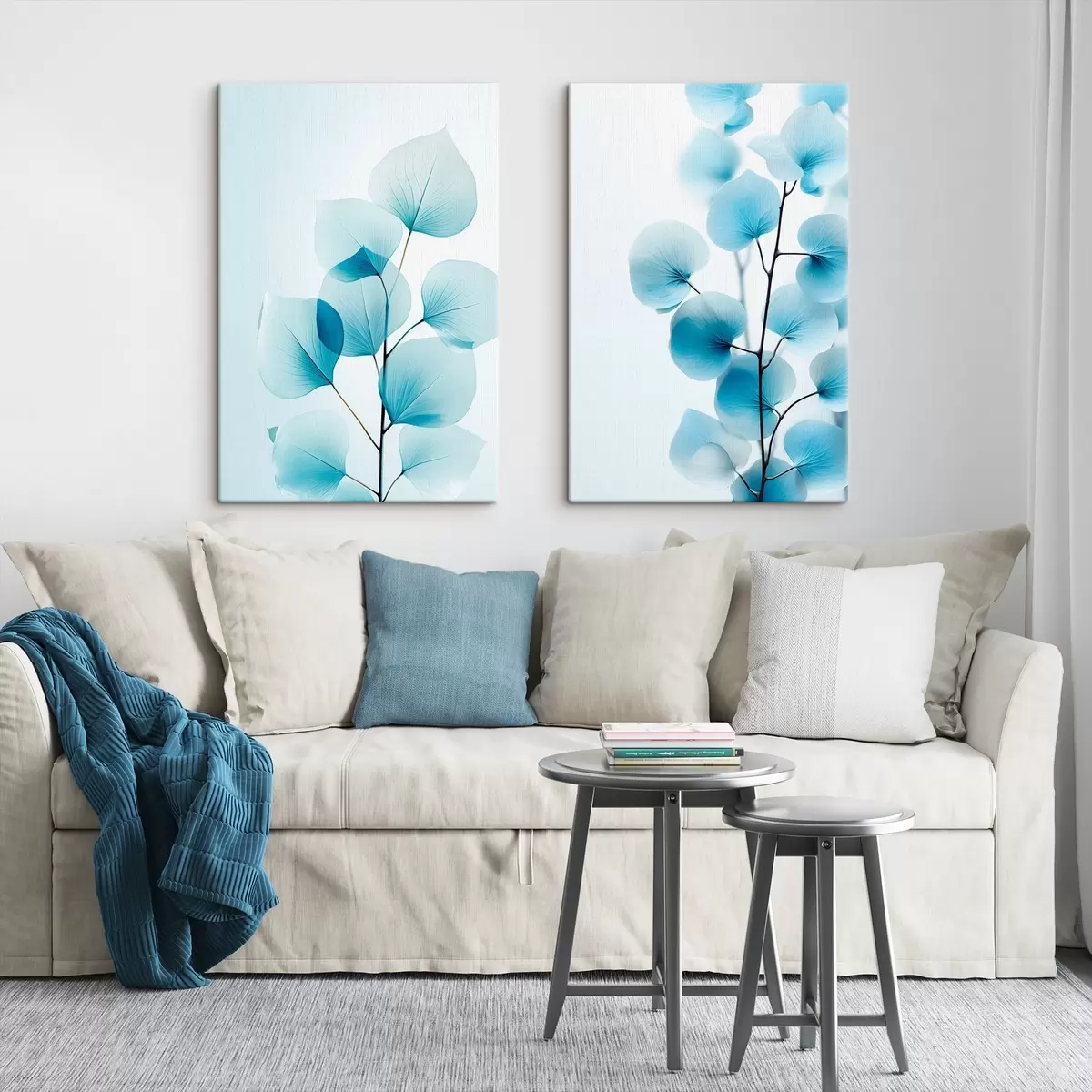  Schilderijen Tak met doorschijnende blauwe bladeren, fijne nerven zichtbaar, lichte en rustige compositie, minimalistische esthetiek m00522
