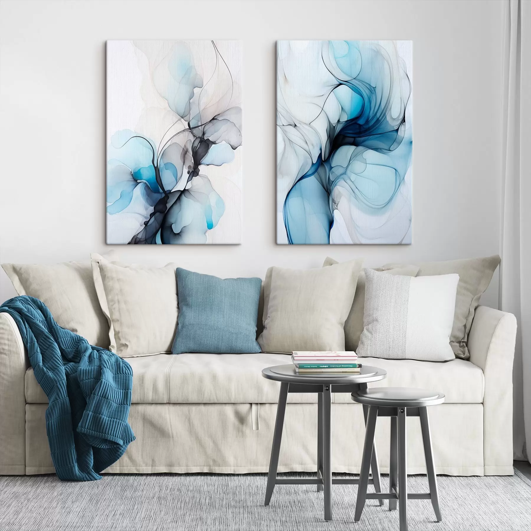  Schilderijen Abstracte compositie met vloeiende lijnen en doorschijnende bloemblaadjes in blauwwitte en beige tinten, imitatie van alcoholinkt m00523