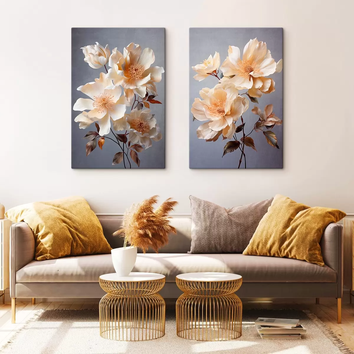  Schilderijen Gestructureerde bloemen met oranje stampers en oranje bladeren op grijze achtergrond, zacht licht, elegant, gedetailleerd, realistisch m00525