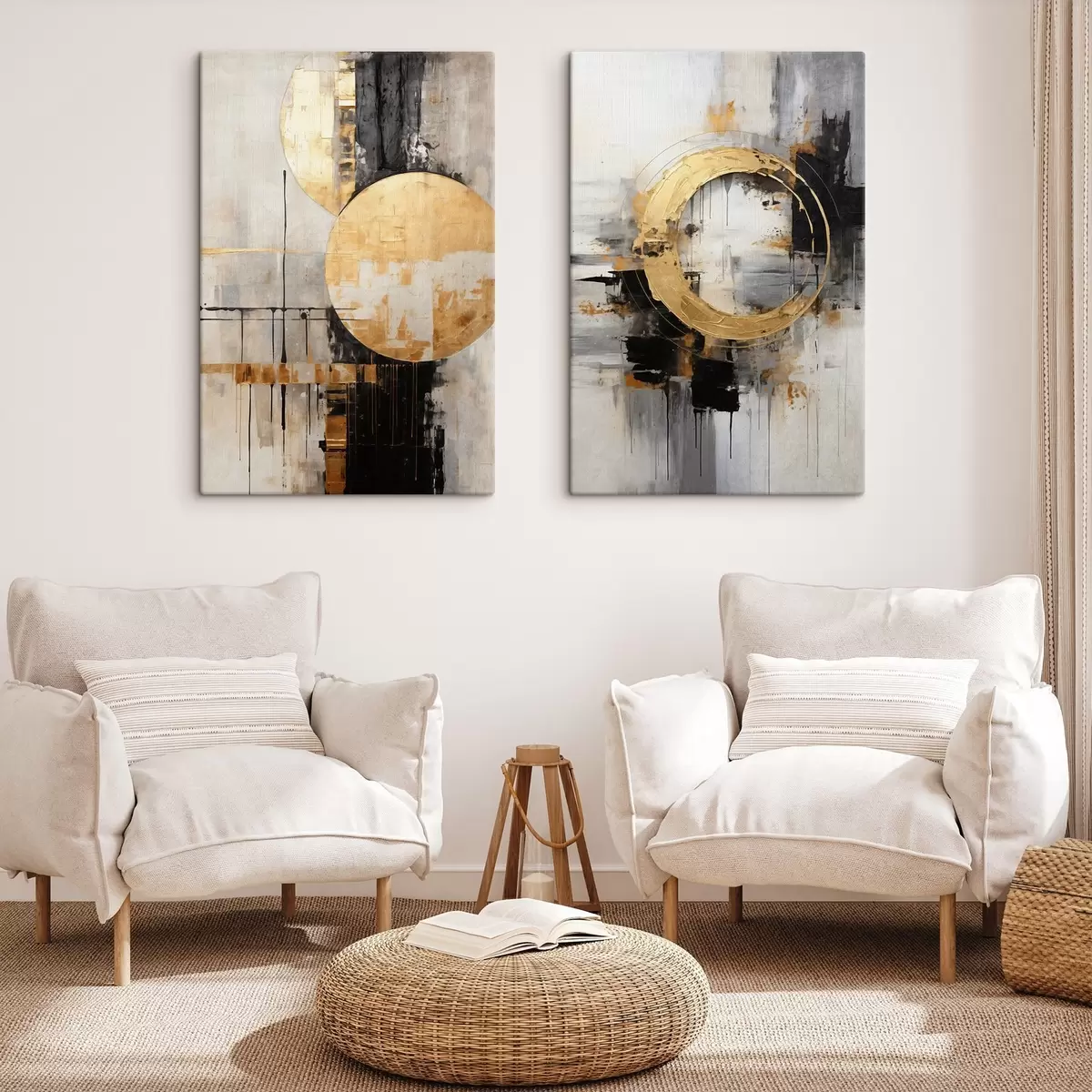  Schilderijen Abstract schilderij met cirkels, zwarte en gele lijnen en een achtergrond met grijze en witte tinten m00527