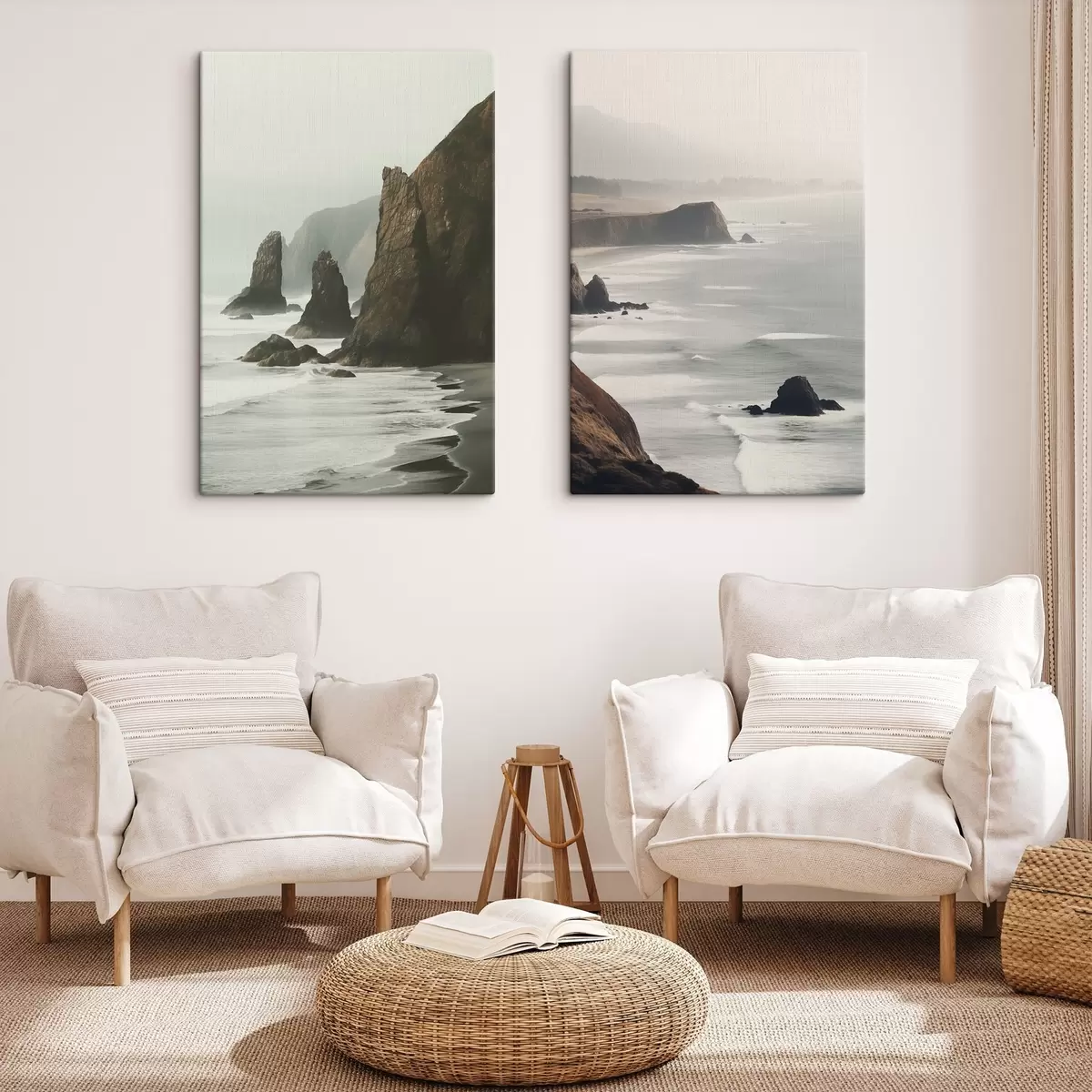  Schilderijen Rotsachtige kliffen en zeekust, golven die op de kust beuken, landschap met een stemmige sfeer, aardetinten m00531