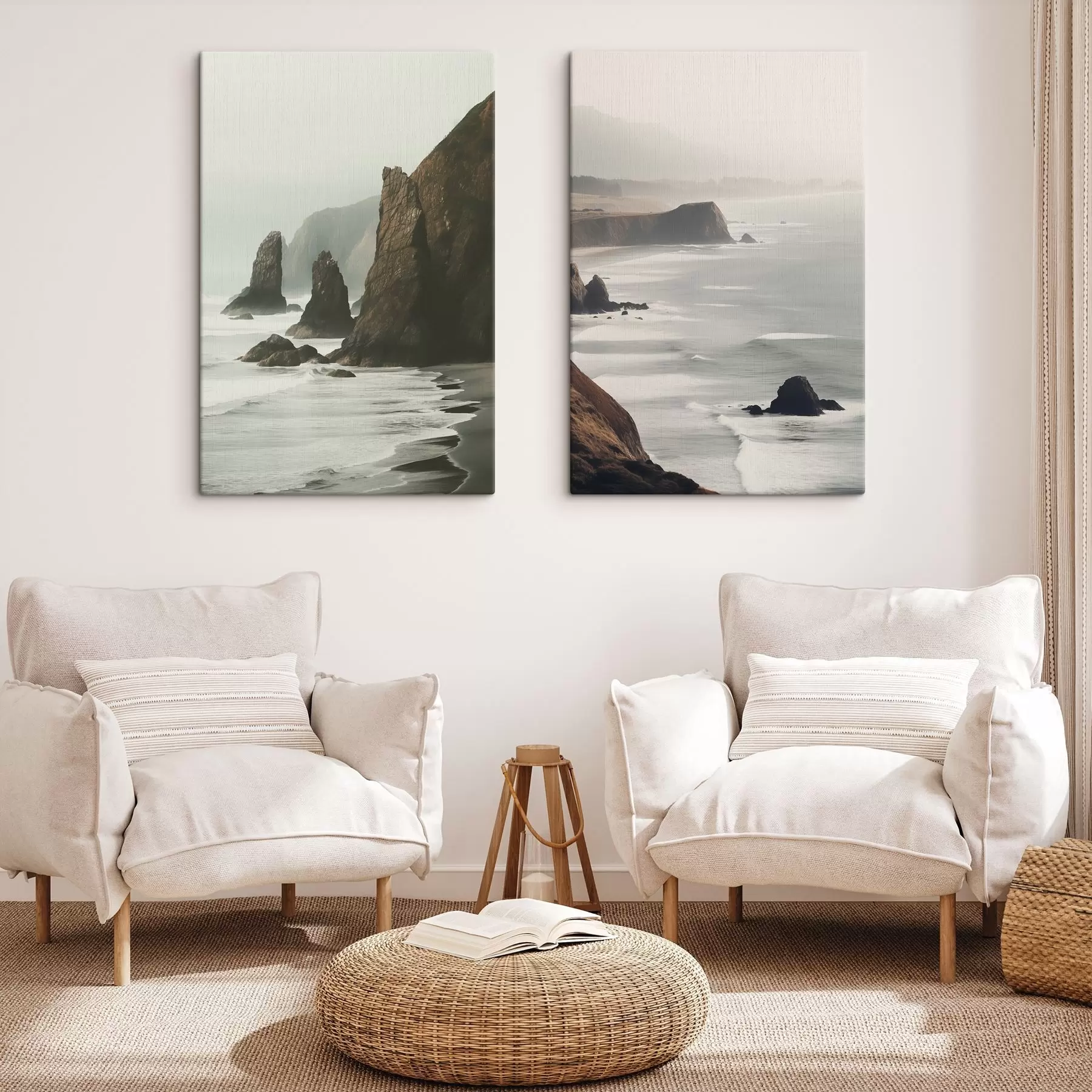  Schilderijen Rotsachtige kliffen en zeekust, golven die op de kust beuken, landschap met een stemmige sfeer, aardetinten m00531
