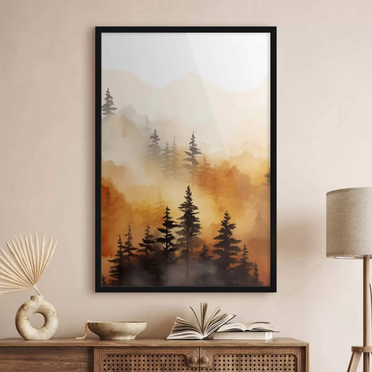 Poster Een landschap aquarel imitatie van een bos met hoge pijnbomen en bergen op de achtergrond f45170