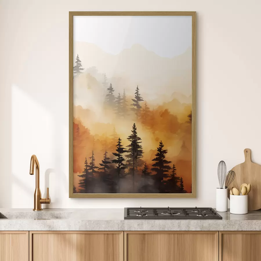 Fotobehang Een landschap aquarel imitatie van een bos met hoge pijnbomen en bergen op de achtergrond f45170