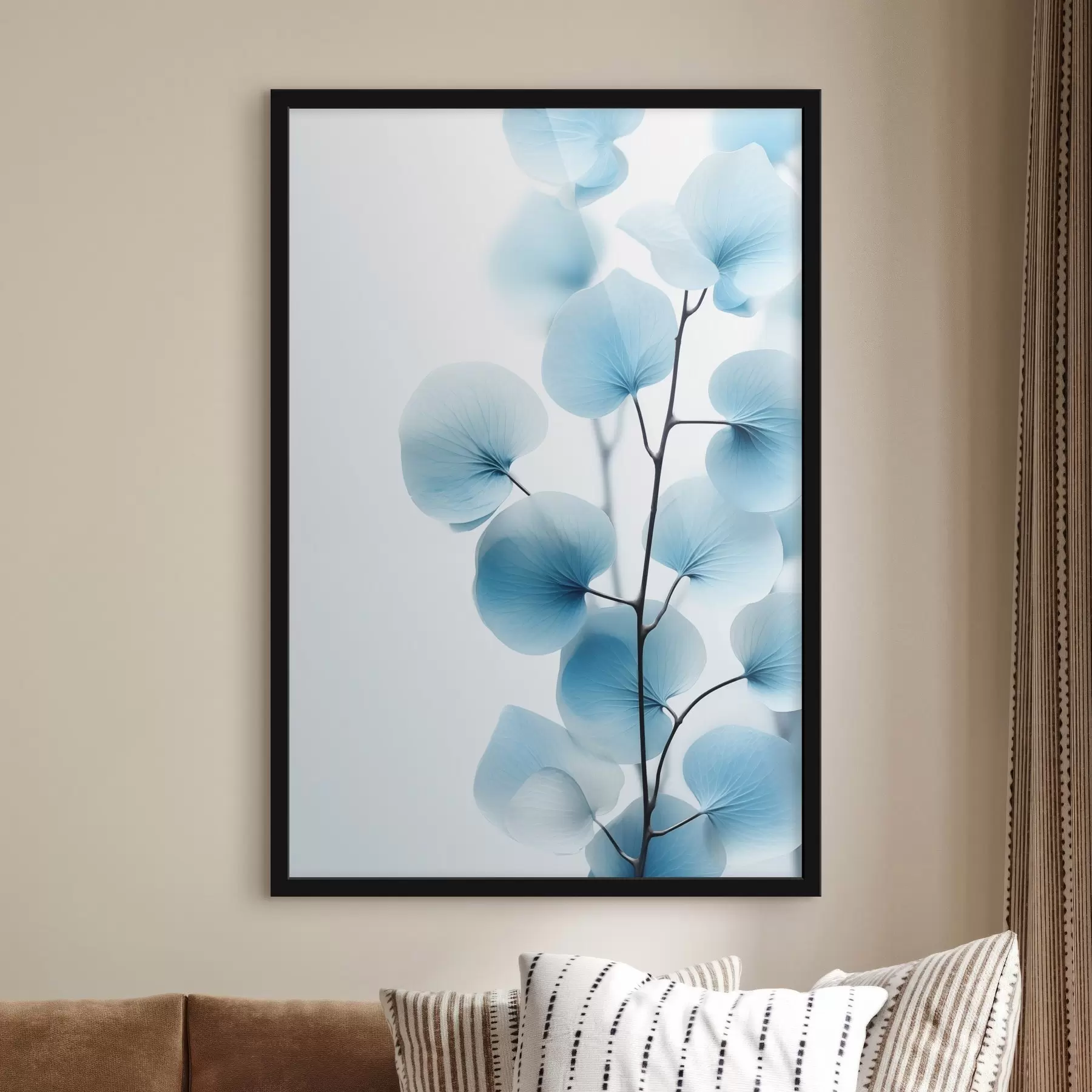Fotobehang Tak met doorschijnende blauwe bladeren, fijne nerven zichtbaar, lichte en rustige compositie, minimalistische esthetiek f45176