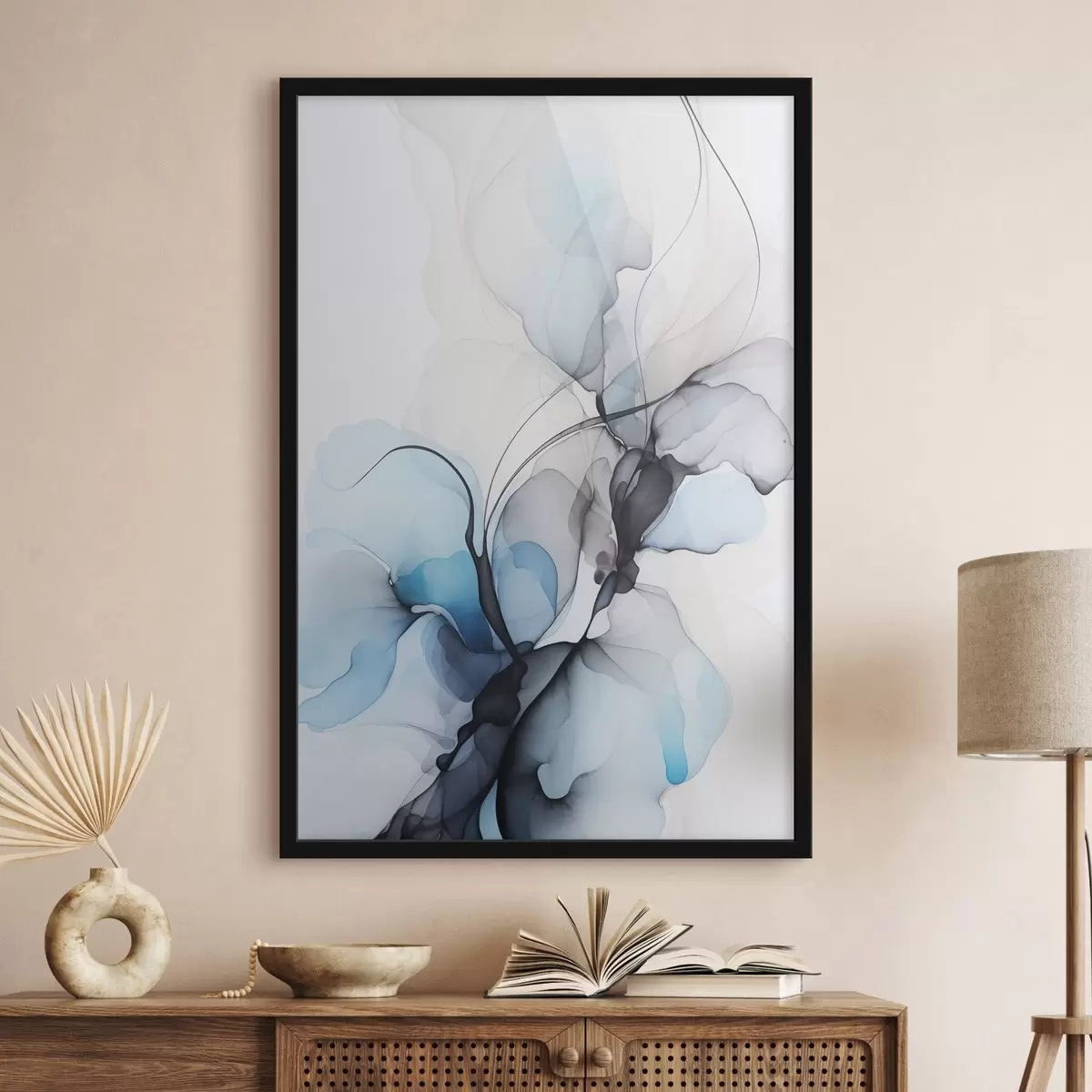 Poster Abstracte compositie met vloeiende lijnen en doorschijnende bloemblaadjes in blauwwitte en beige tinten, imitatie van alcoholinkt f45177