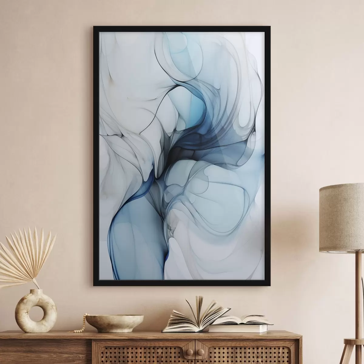 Poster Abstracte compositie met vloeiende lijnen en doorschijnende bloemblaadjes in blauwwitte en beige tinten, imitatie van alcoholinkt f45178