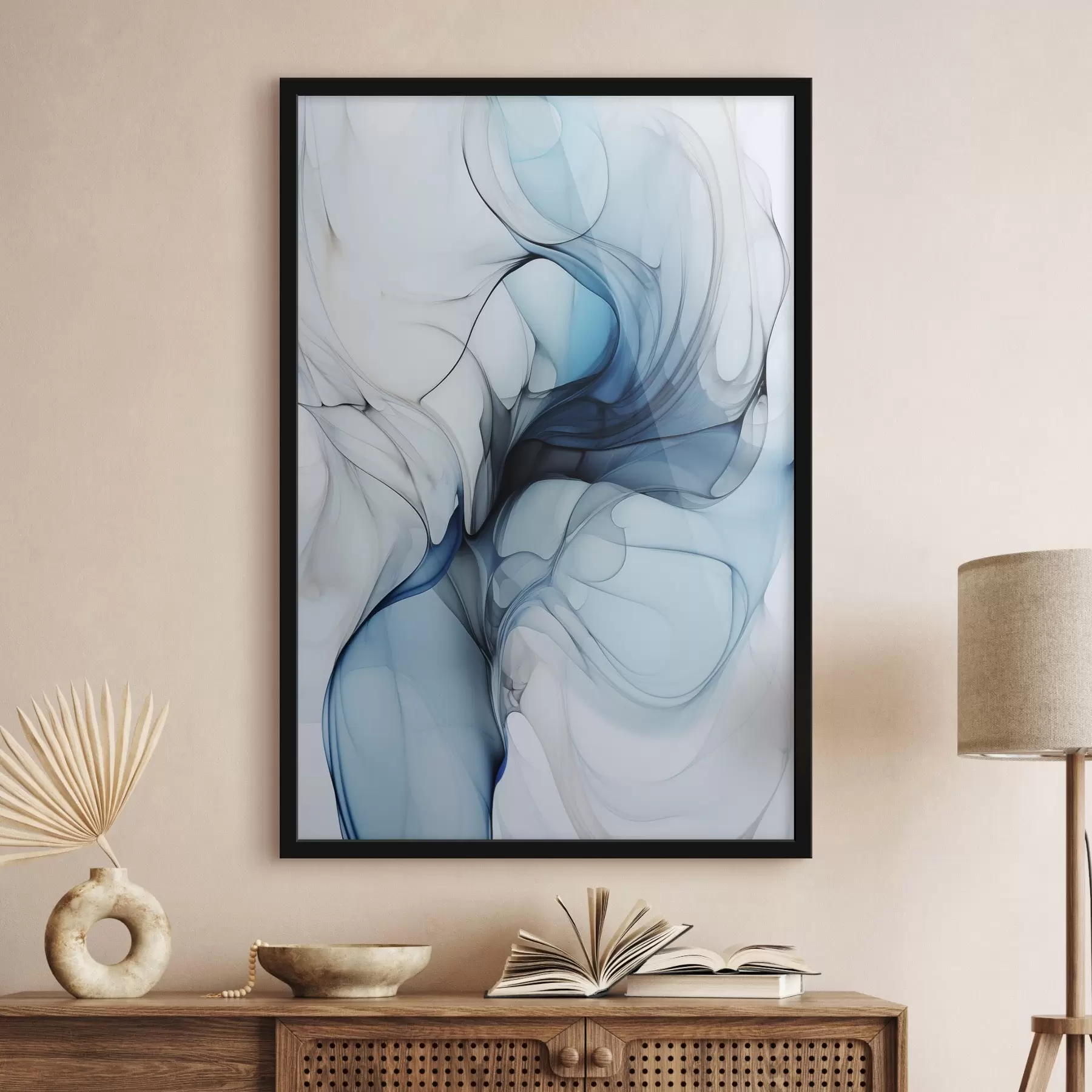 Fotobehang Abstracte compositie met vloeiende lijnen en doorschijnende bloemblaadjes in blauwwitte en beige tinten, imitatie van alcoholinkt f45178
