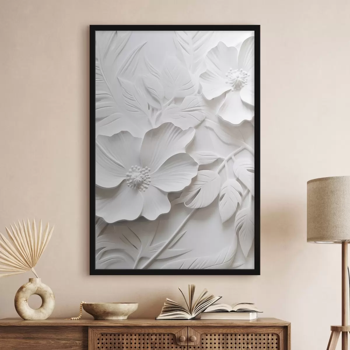 Poster Decoratieve minimalistische witte bloemen met bladeren, reliëfimitatie, witte achtergrond f45180