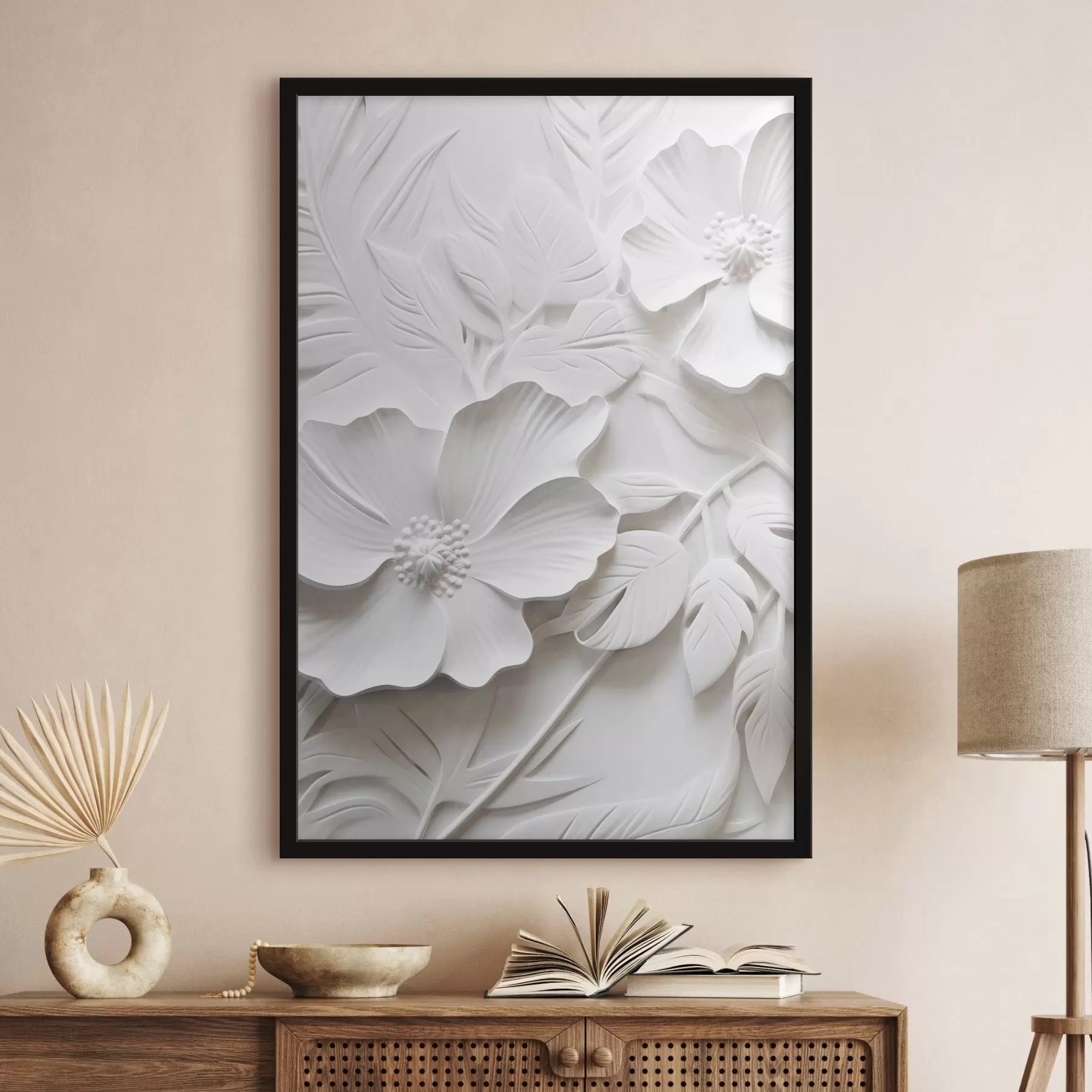 Fotobehang Decoratieve minimalistische witte bloemen met bladeren, reliëfimitatie, witte achtergrond f45180