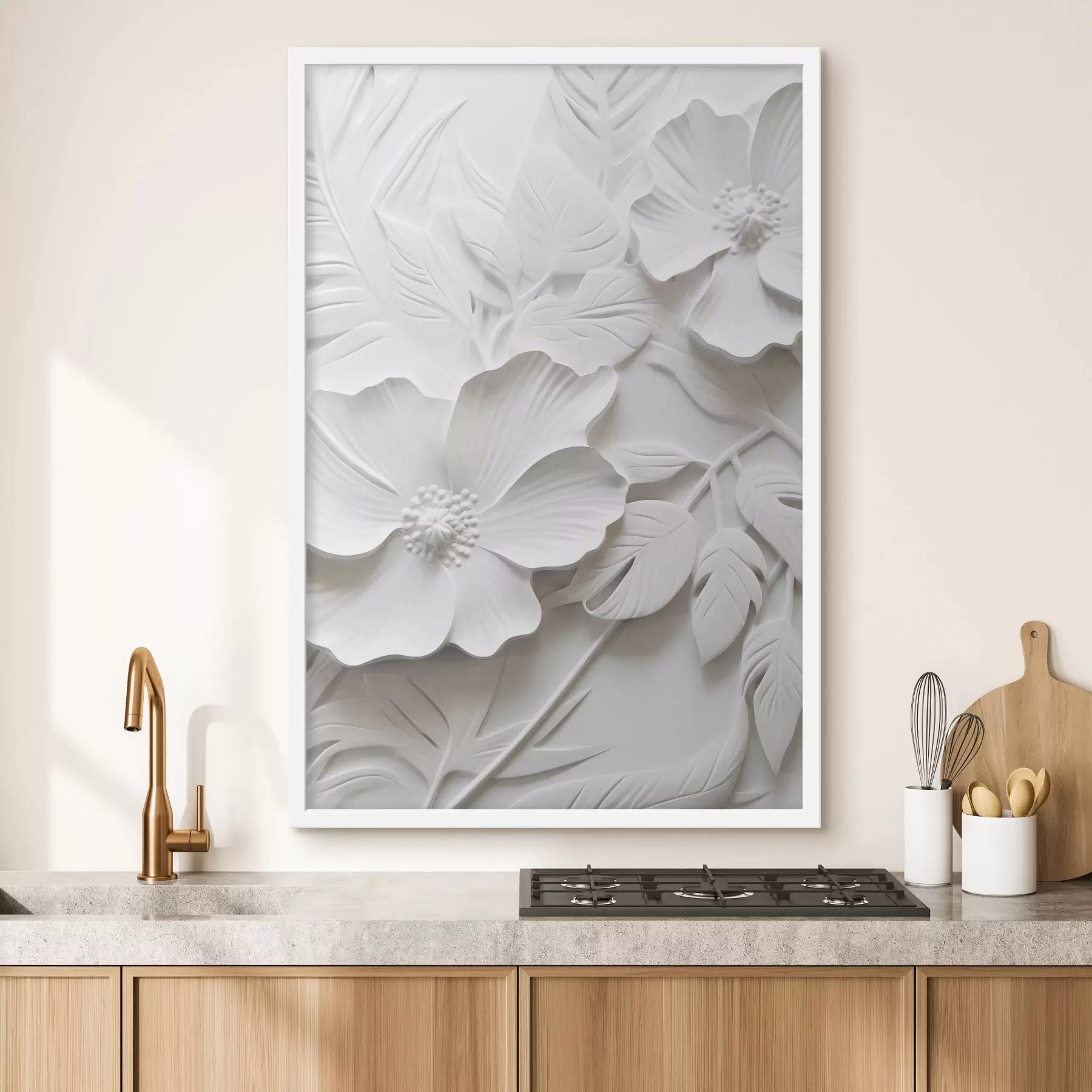 Fotobehang Decoratieve minimalistische witte bloemen met bladeren, reliëfimitatie, witte achtergrond f45180