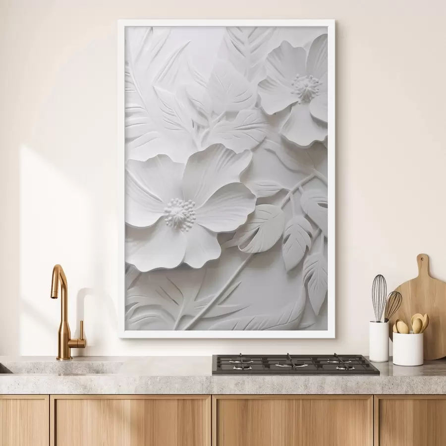 Fotobehang Decoratieve minimalistische witte bloemen met bladeren, reliëfimitatie, witte achtergrond f45180