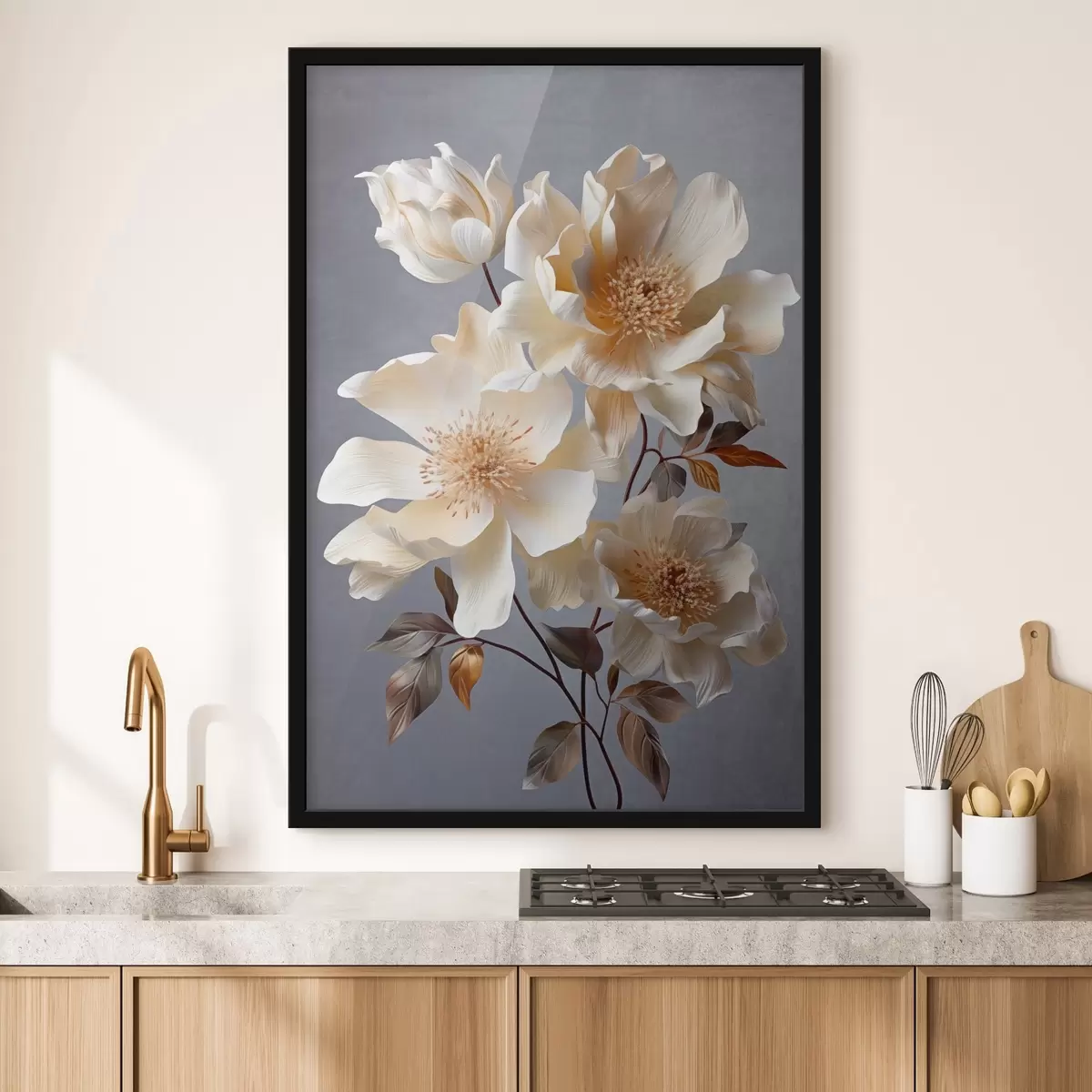 Poster Gestructureerde bloemen met oranje stampers en oranje bladeren op grijze achtergrond, zacht licht, elegant, gedetailleerd, realistisch f45181
