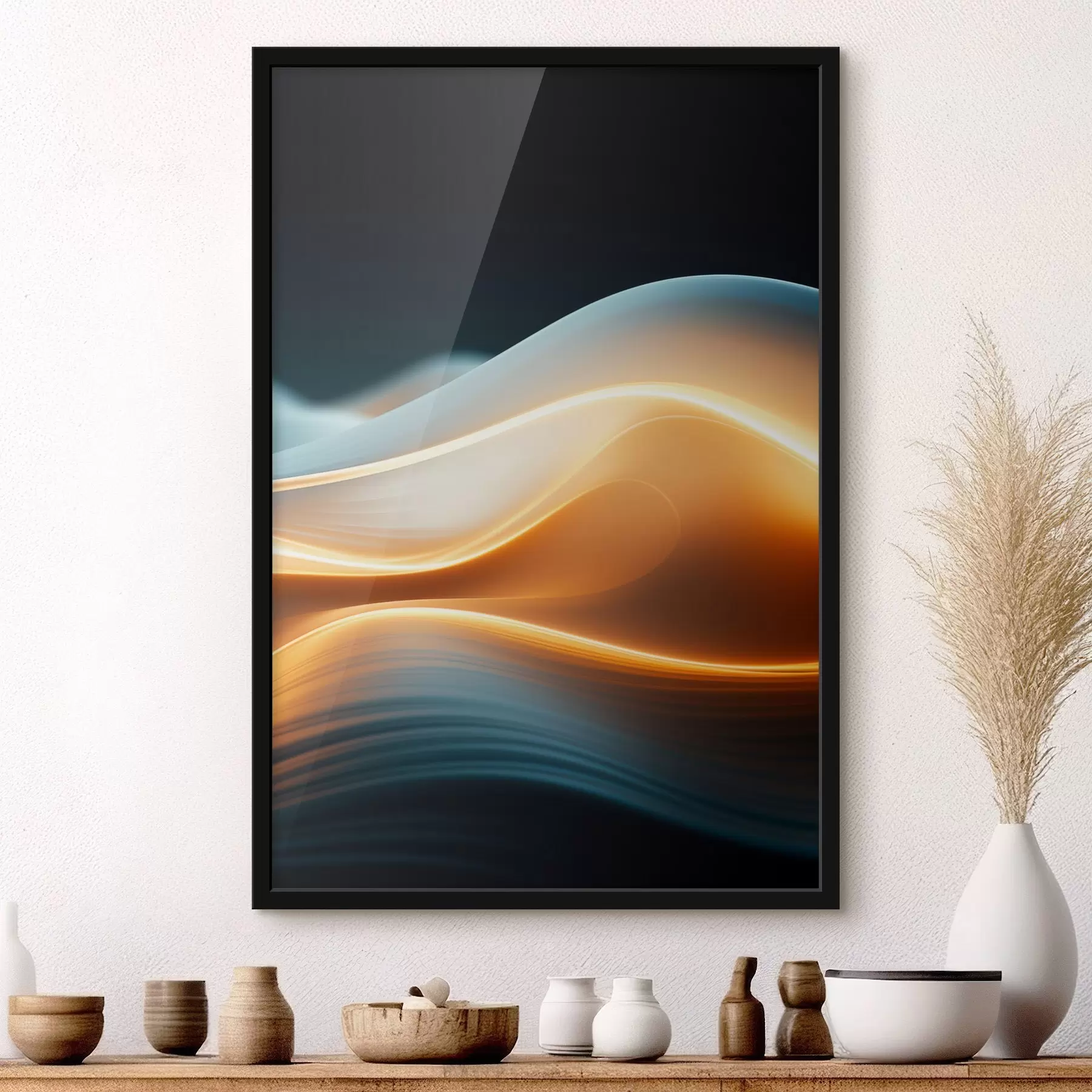 Fotobehang Abstracte vloeiende vormen met oranje lijnen, vloeiende rondingen en lijnen, dynamische compositie, donkere achtergrond f45183