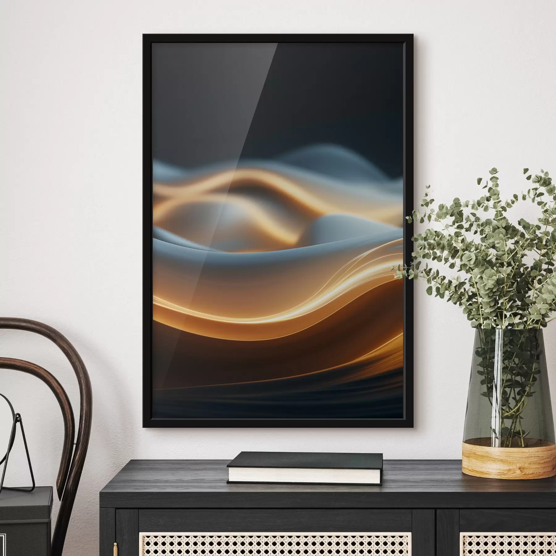Fotobehang Abstracte vloeiende vormen met oranje lijnen, vloeiende rondingen en lijnen, dynamische compositie, donkere achtergrond f45184