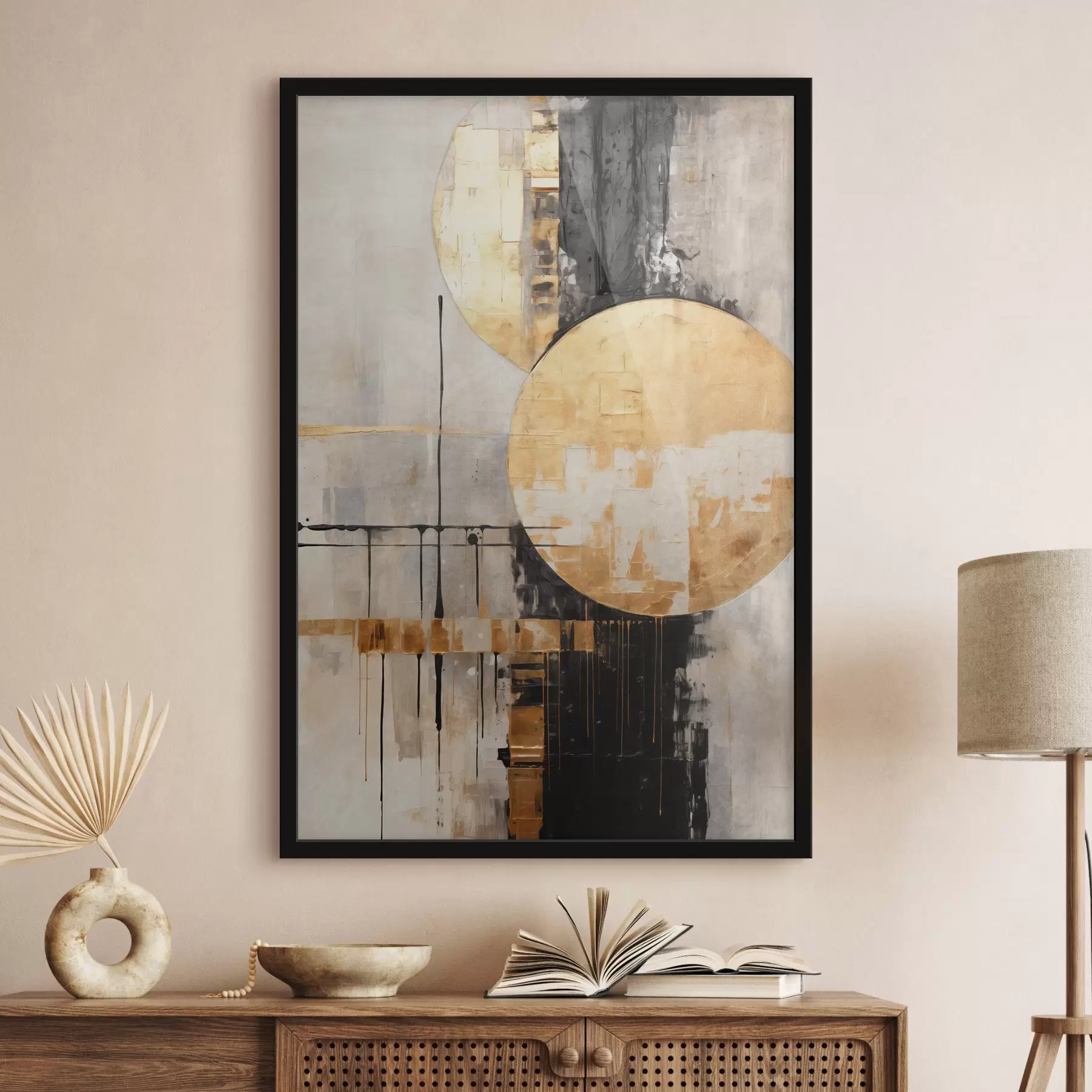  Schilderijen Abstract schilderij met cirkels, zwarte en gele lijnen en een achtergrond met grijze en witte tinten f45185