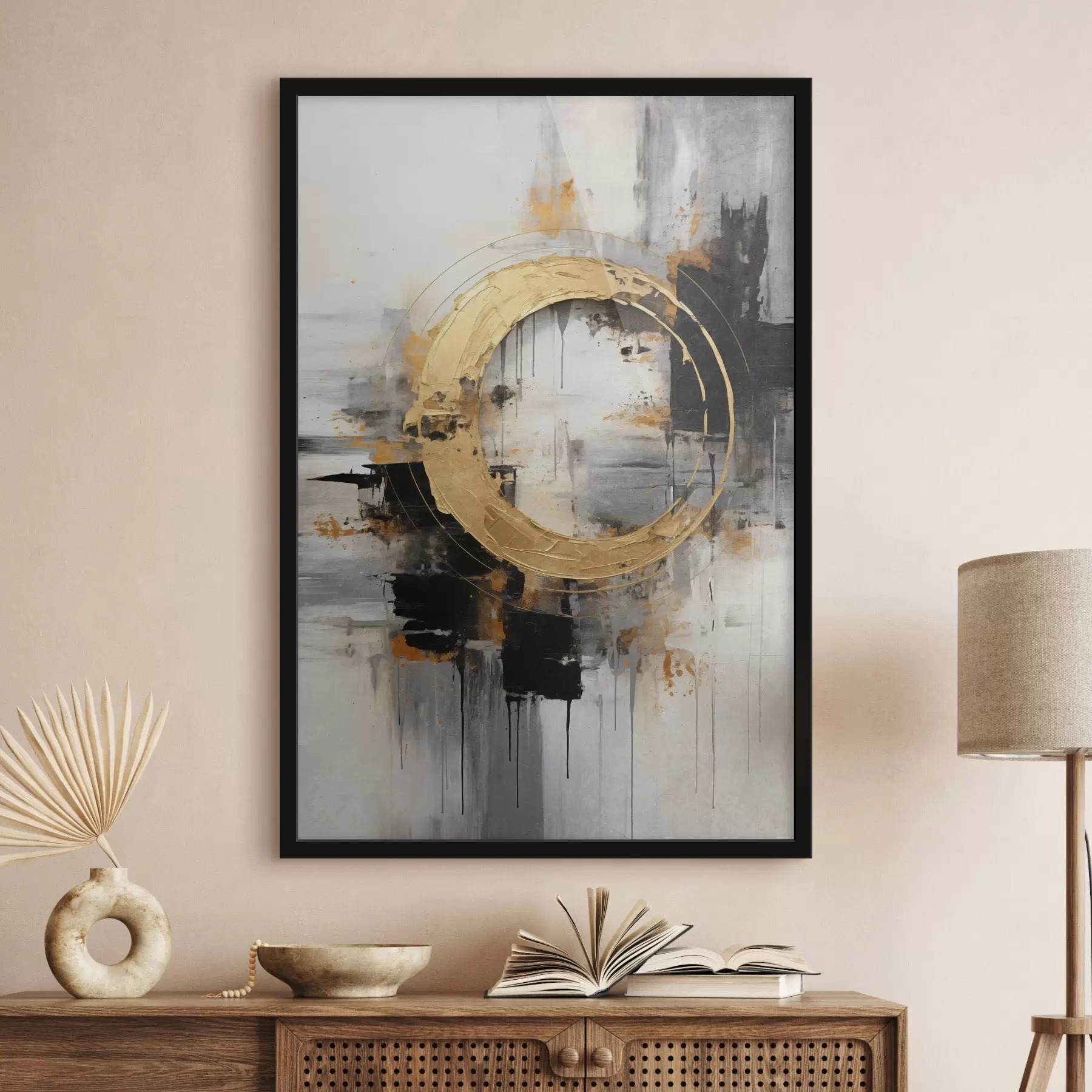 Fotobehang Abstract schilderij met cirkels, zwarte en gele lijnen en een achtergrond met grijze en witte tinten f45186