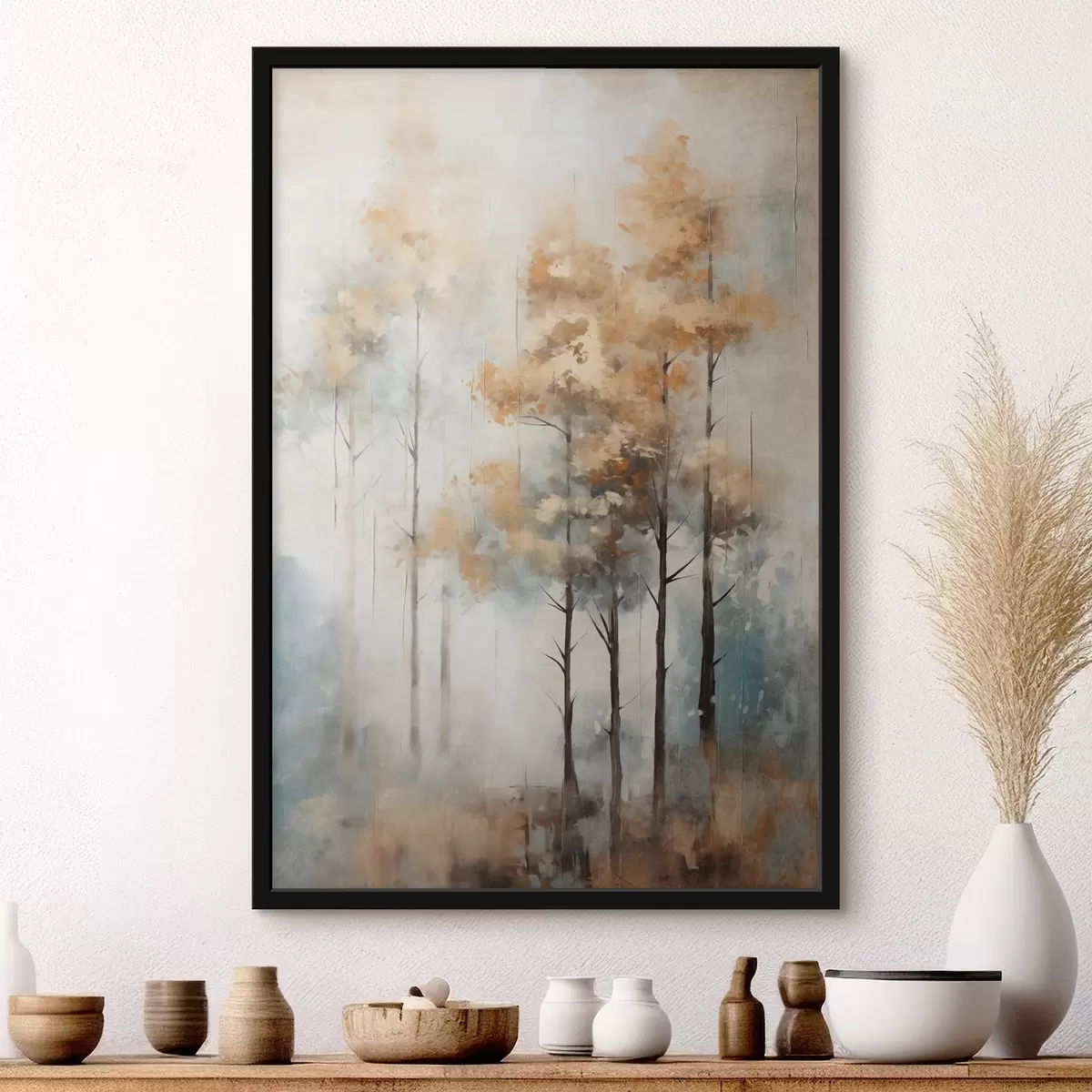 Poster Hoge bomen met gele bladeren in een bos, de achtergrond is een mix van zachte blauwe en bruine tinten f45187