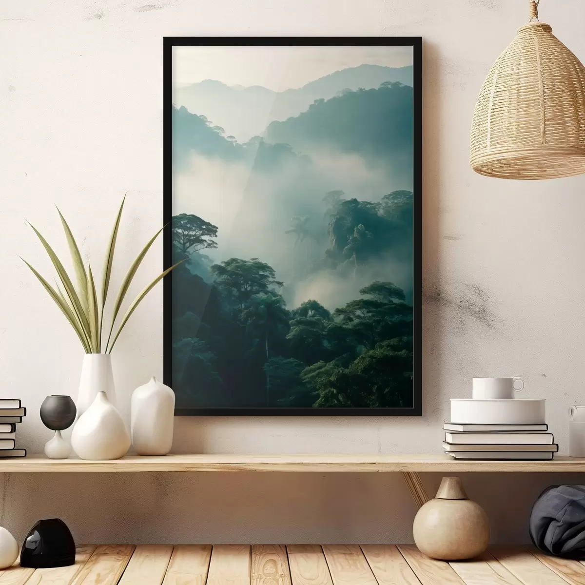 Poster Tropisch regenwoud met weelderige groene bomen en een dikke laag mist, waardoor een sfeervolle omgeving ontstaat f45189
