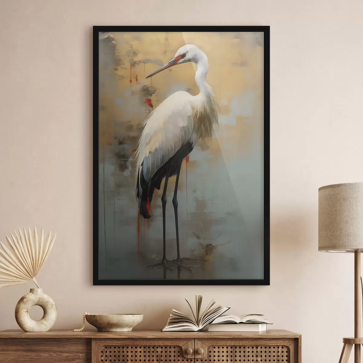 Poster Witte reiger tegen een achtergrond van gedempte gele, bruine en blauwe tinten die een mistig, abstract landschap suggereren f45191