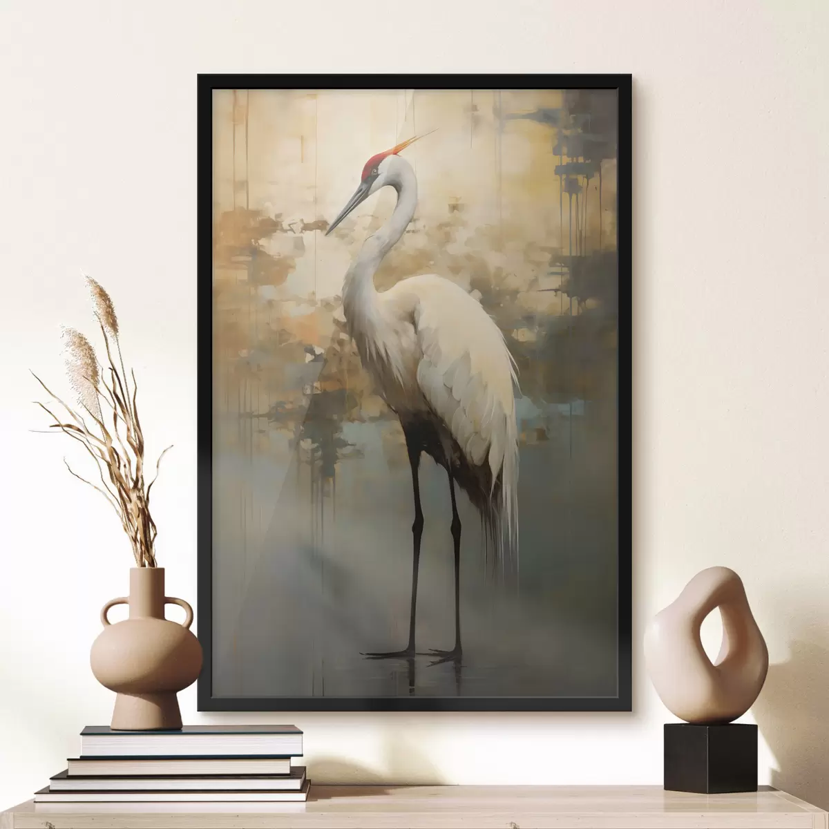 Poster Witte reiger tegen een achtergrond van gedempte gele, bruine en blauwe tinten die een mistig, abstract landschap suggereren f45192