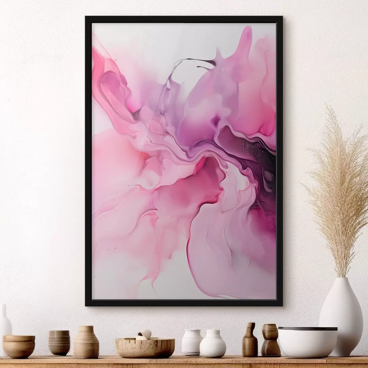 Poster Abstracte wervelingen van roze, paars en zwart smelten samen in een vloeiende, organische compositie en creëren een gevoel van beweging f45195