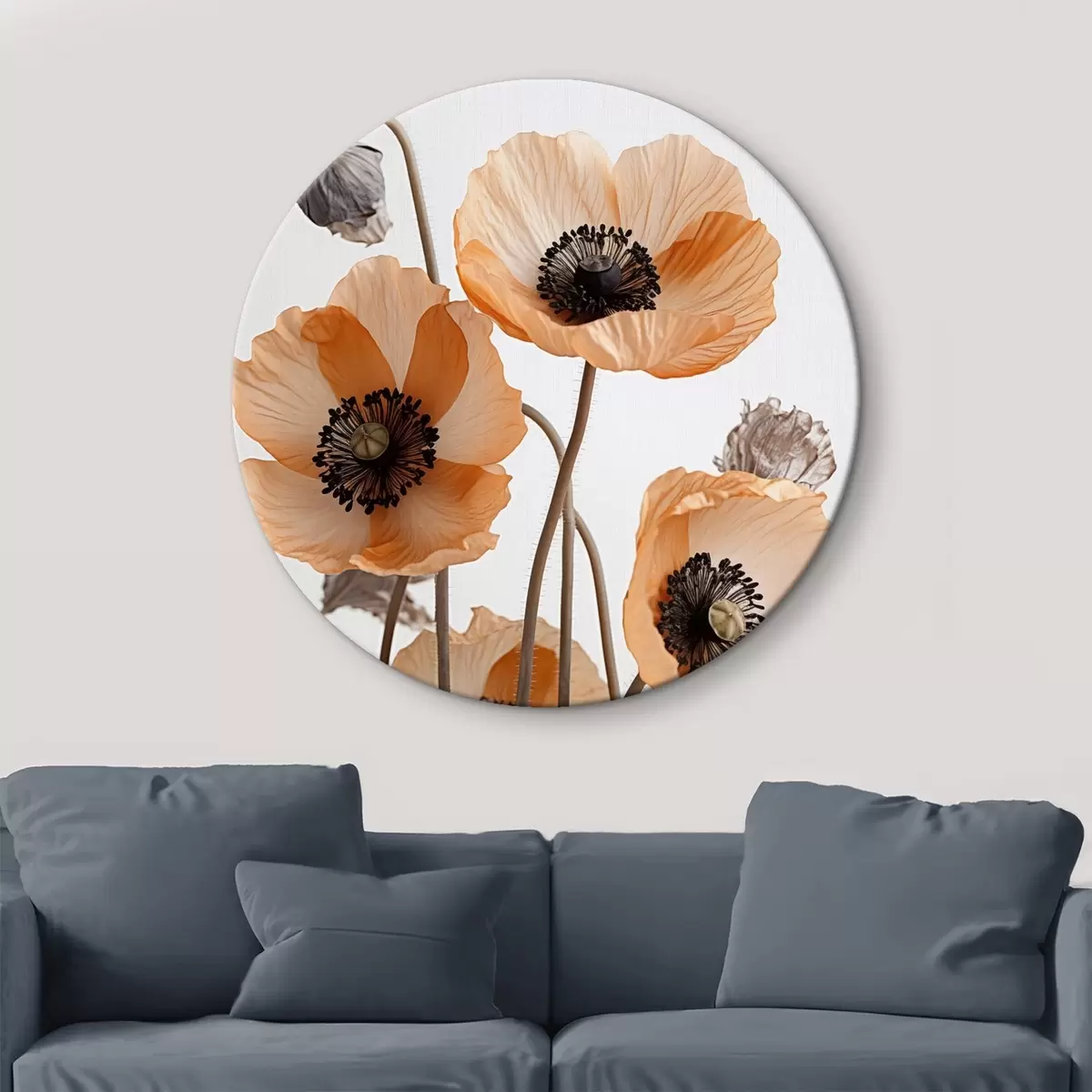 Ronde schilderijen Oranje klaprozen, gedroogde bloemen tegen een lichte achtergrond, zachte verlichting, delicate bloemblaadjes, bloemstuk r45167