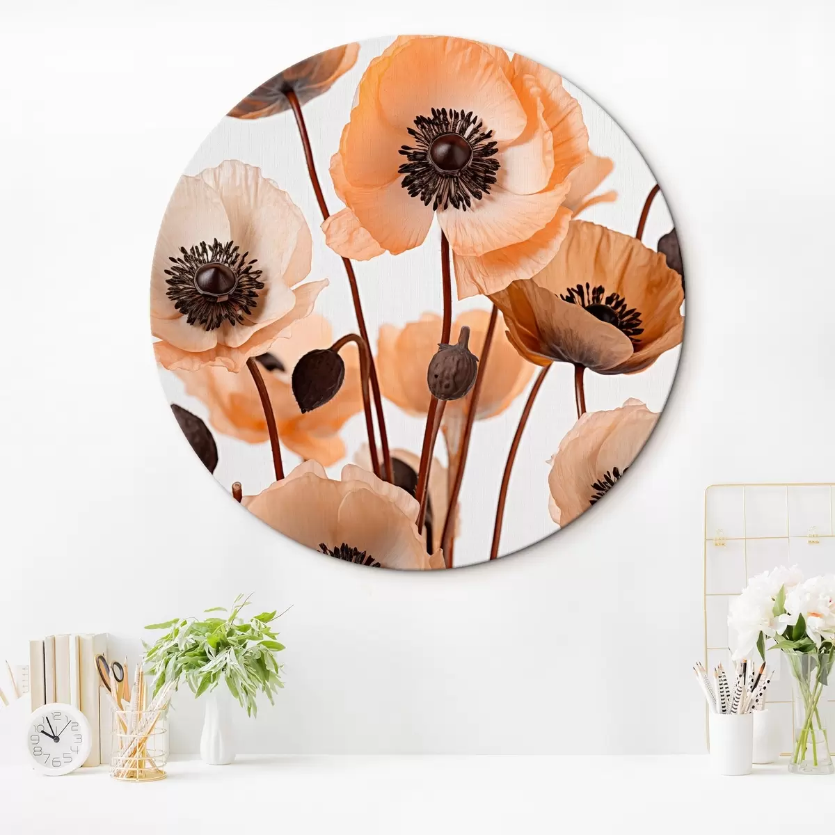 Ronde schilderijen Oranje klaprozen, gedroogde bloemen tegen een lichte achtergrond, zachte verlichting, delicate bloemblaadjes, bloemstuk r45168