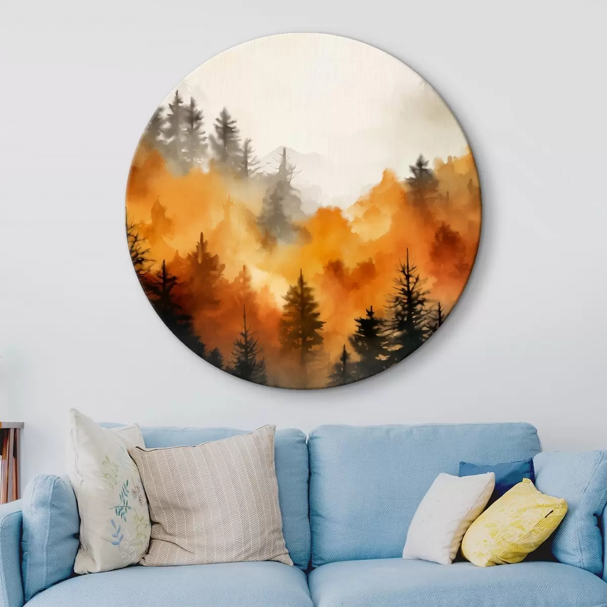Ronde schilderijen Een landschap aquarel imitatie van een bos met hoge pijnbomen en bergen op de achtergrond r45169