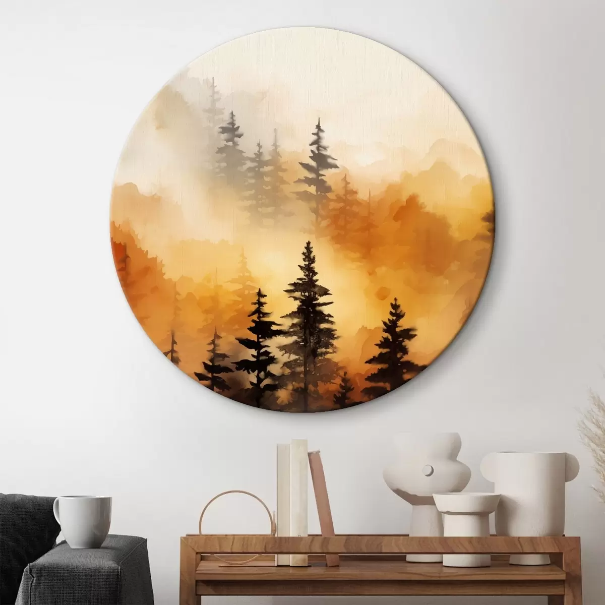 Ronde schilderijen Een landschap aquarel imitatie van een bos met hoge pijnbomen en bergen op de achtergrond r45170